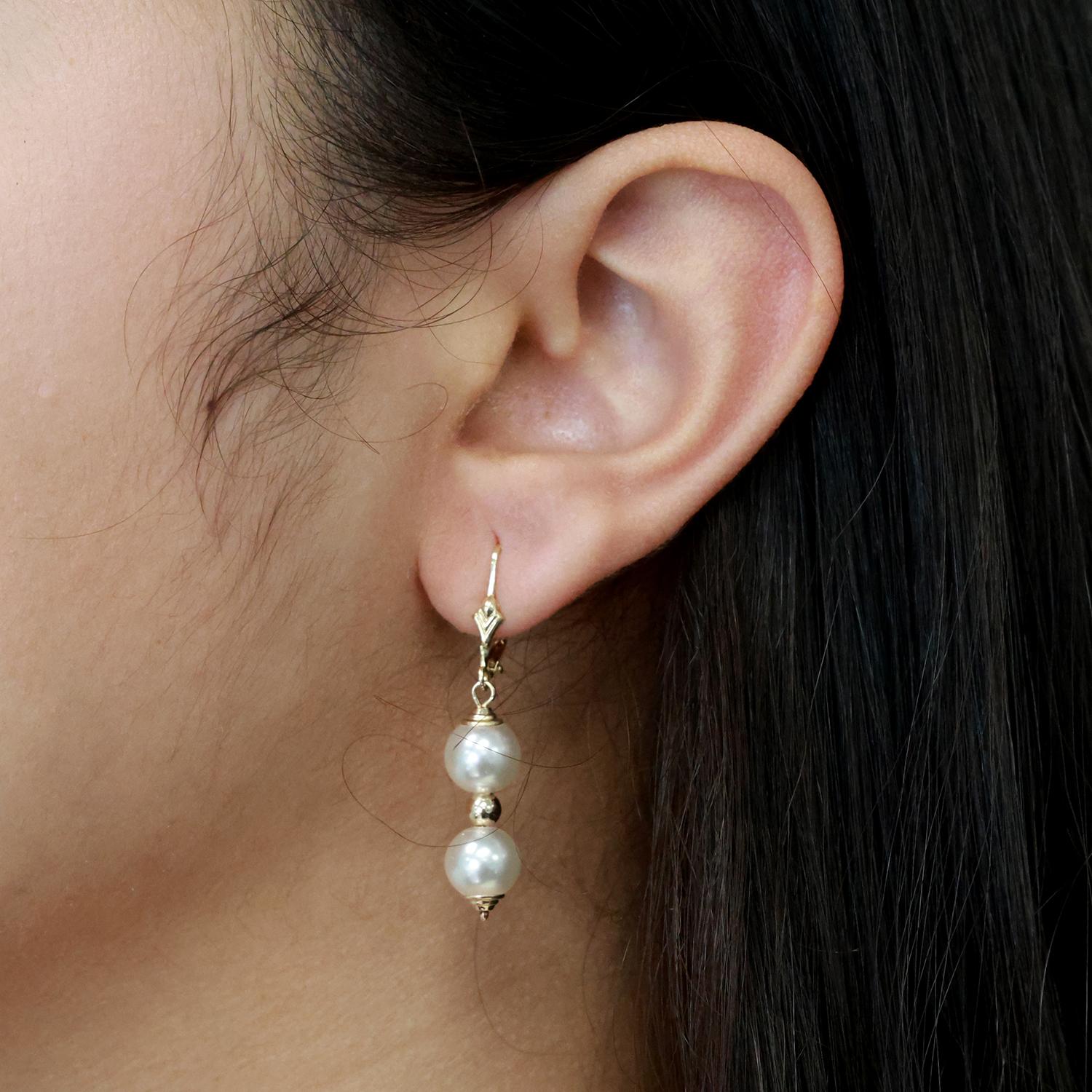 Faux Pearl Drop Dangle Earrings 14K Yellow Gold Lever Backs 1.50" Ladies Estate