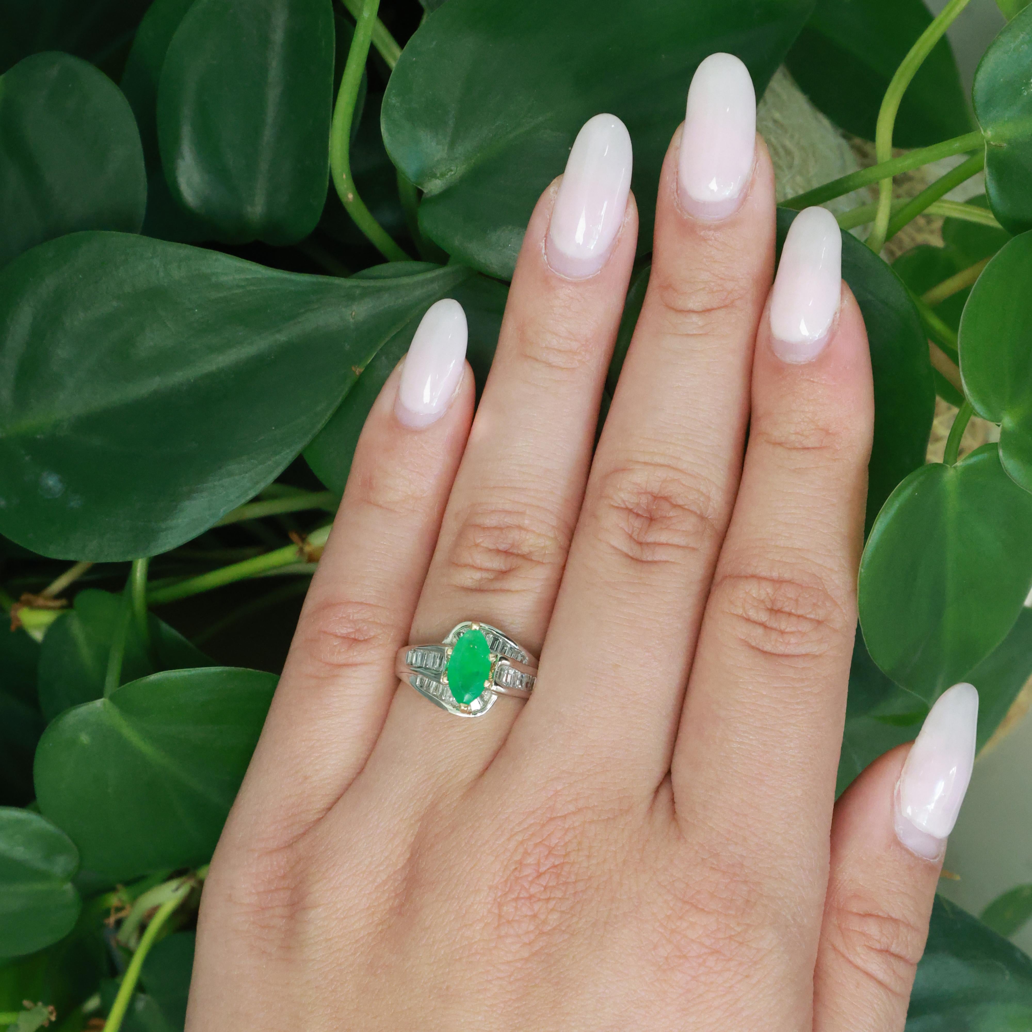 Solitaire Emerald Diamond Accent Cocktail Ring 14K Gold 1.45 CTW Size 6.5 Ladies