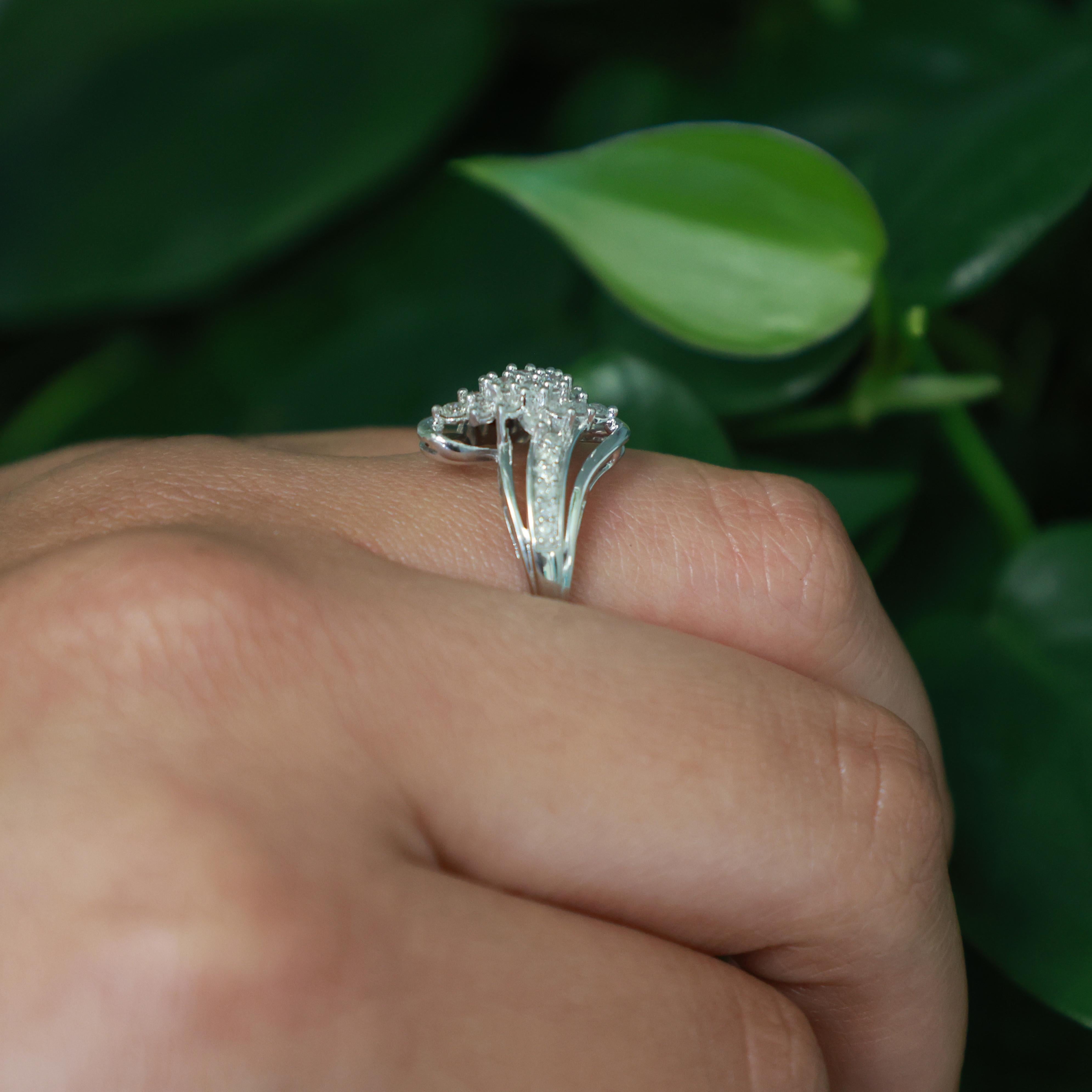 0.60 TW Diamond Floral Cocktail Ring 10K White Gold Swirl Size 8 Estate