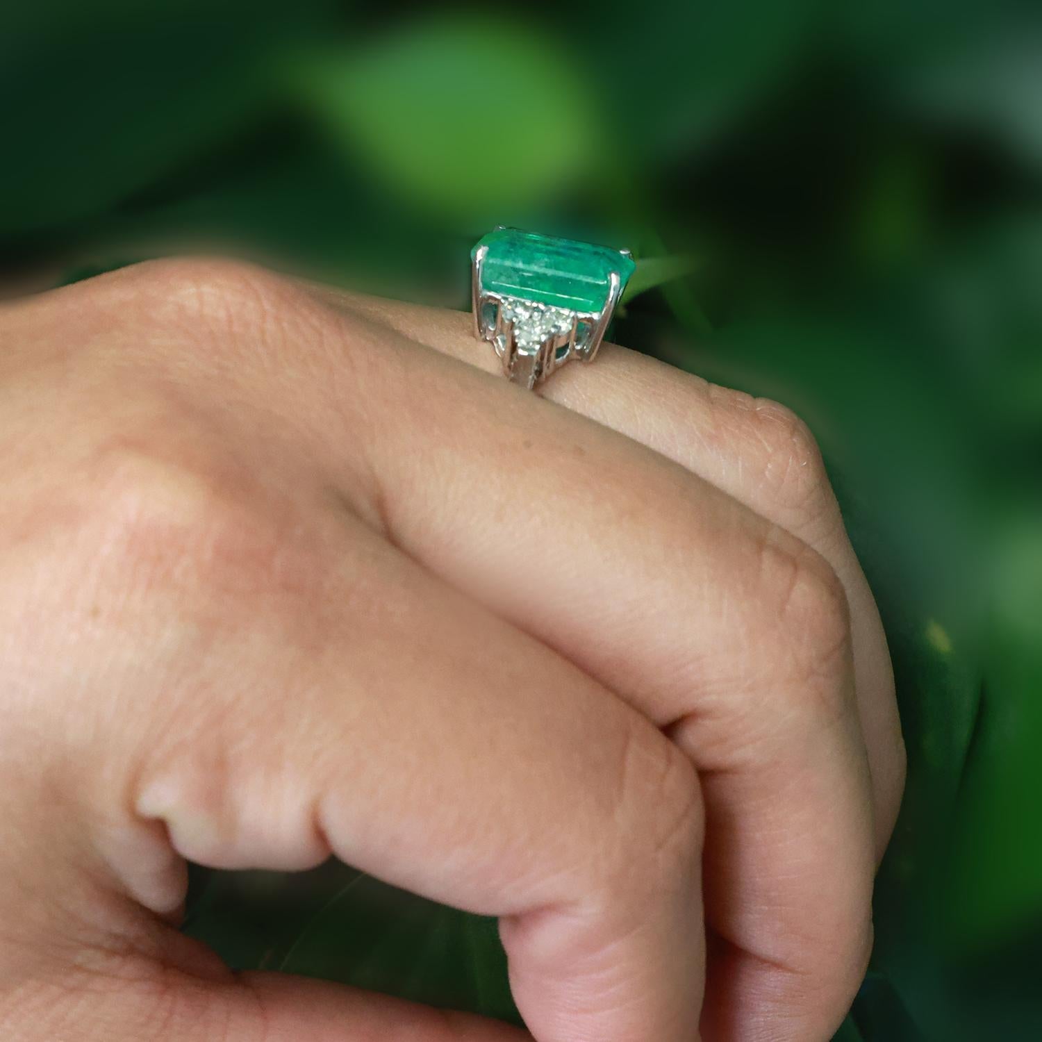 Solitaire Emerald Diamond Accent Cocktail Ring 14K White Gold 8.04 CTW Size 6.5