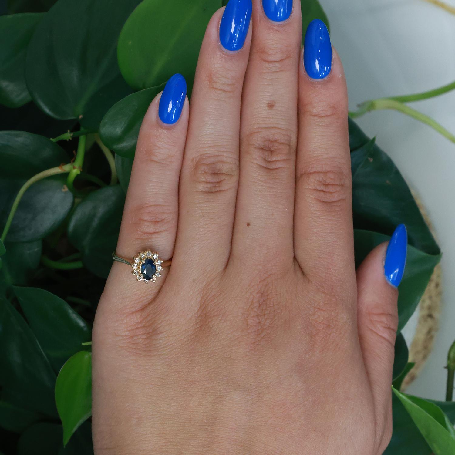Sapphire Halo Diamond Cocktail Ring 14K Yellow Gold 0.95 CTW Size 5.5 Ladies