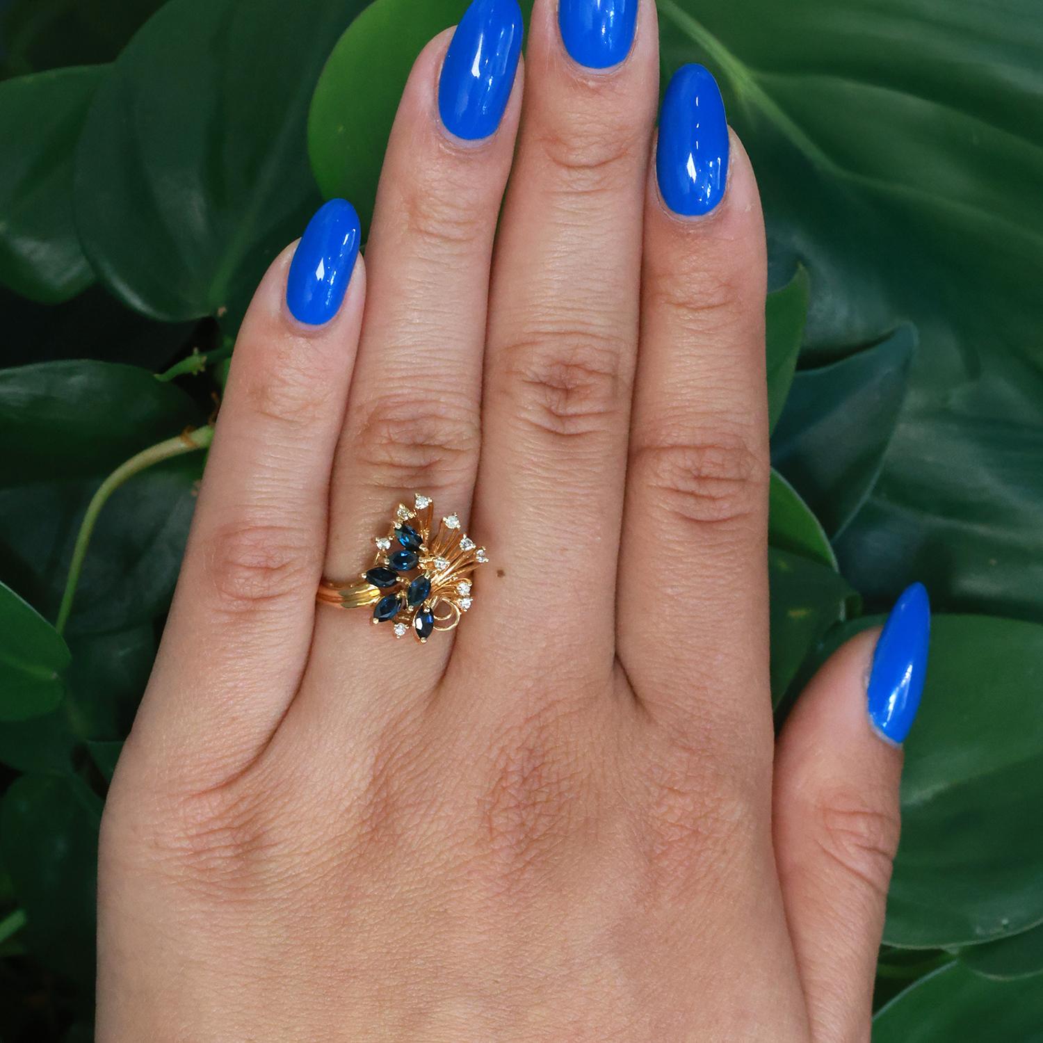 Blue Sapphire Diamond Floral Cocktail Ring 14K Yellow Gold 0.64 CTW Size 6.5