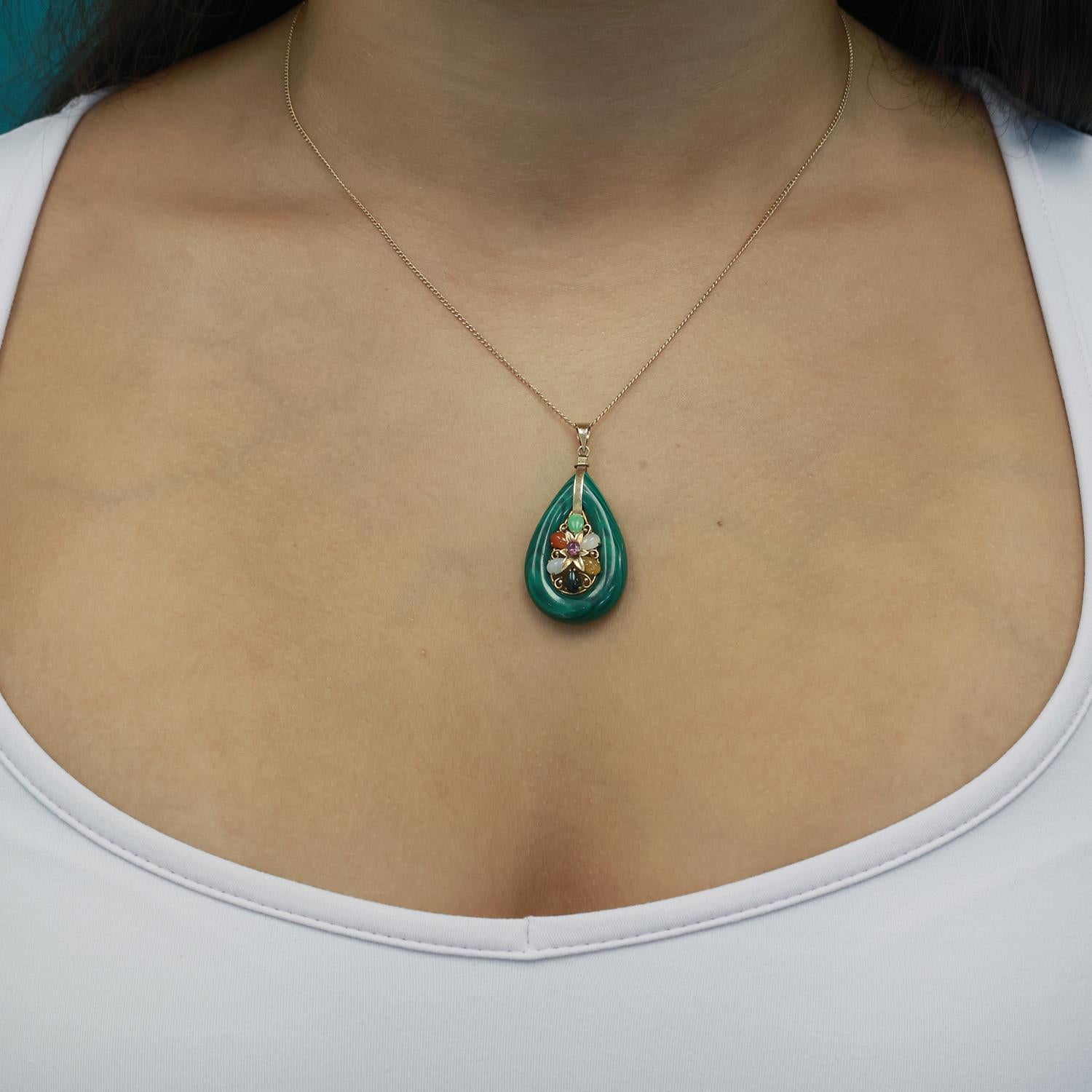Vintage Malachite Multi-Gemstone Teardrop Pendant 14K Yellow Gold 1.65" Estate