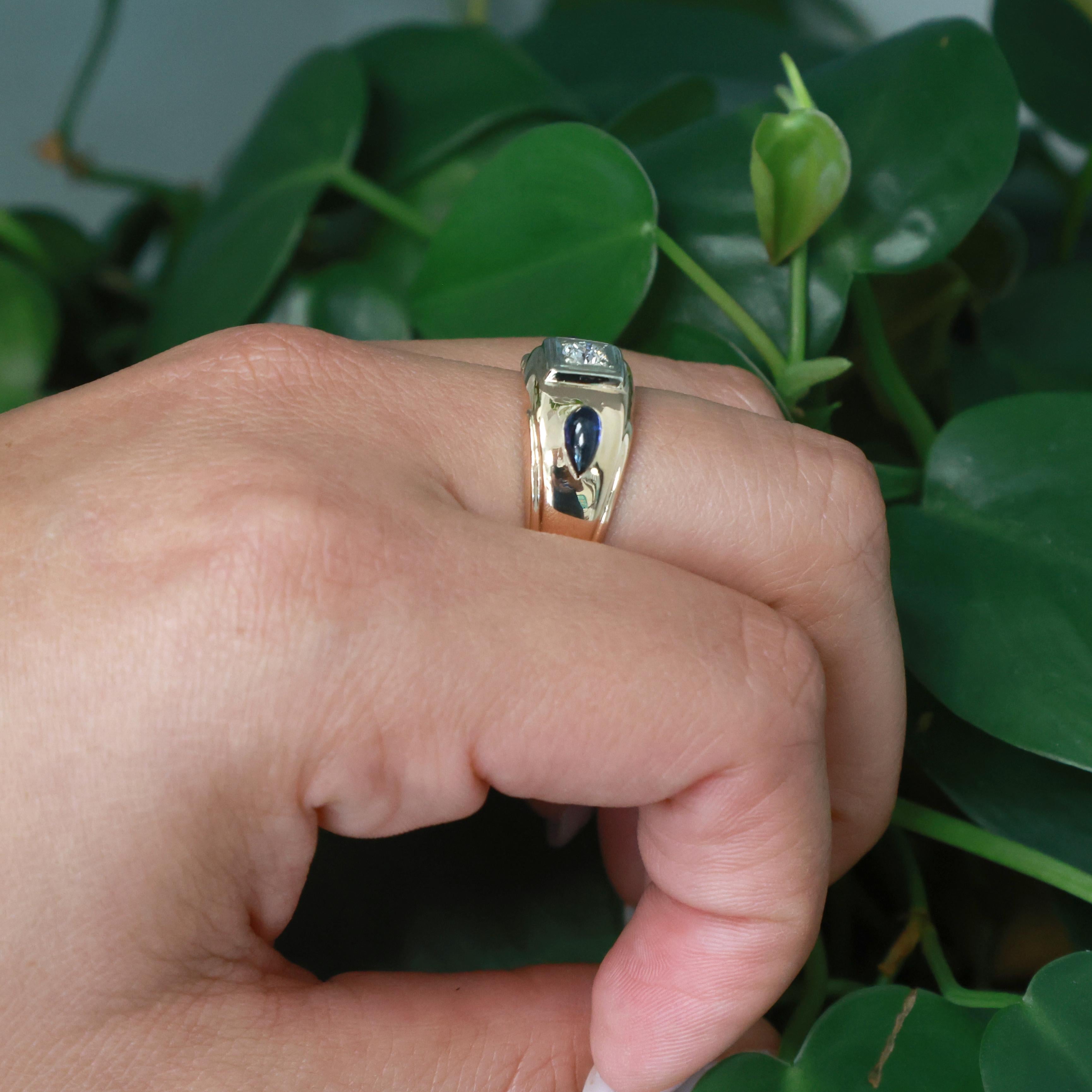 Solitaire Diamond Cabochon Sapphire Accents Band Ring 14K Gold 0.50 CTW Size 10