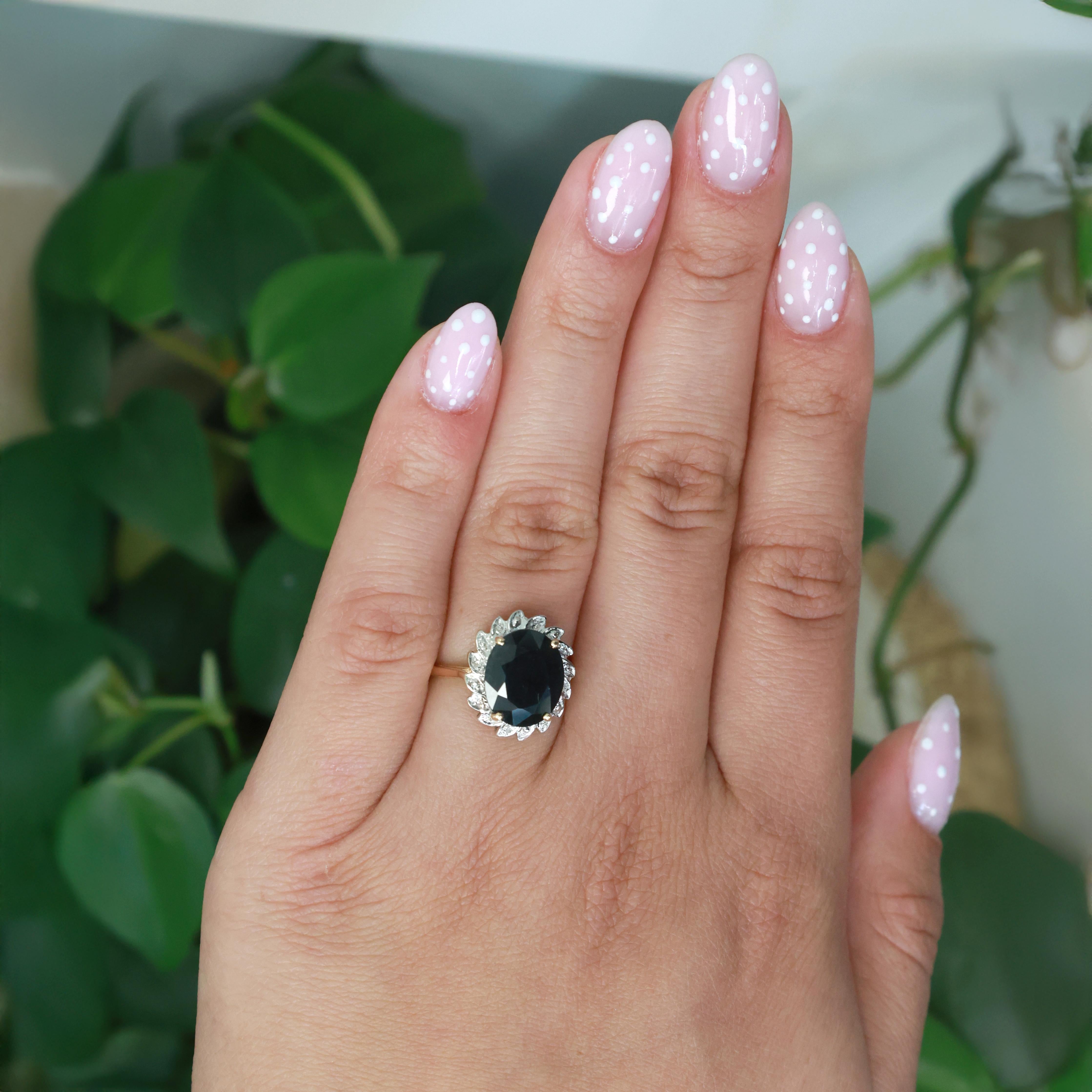 6.33 CTW Sapphire Diamond Halo Ring Floral 14K Gold Size 6 Ladies Estate