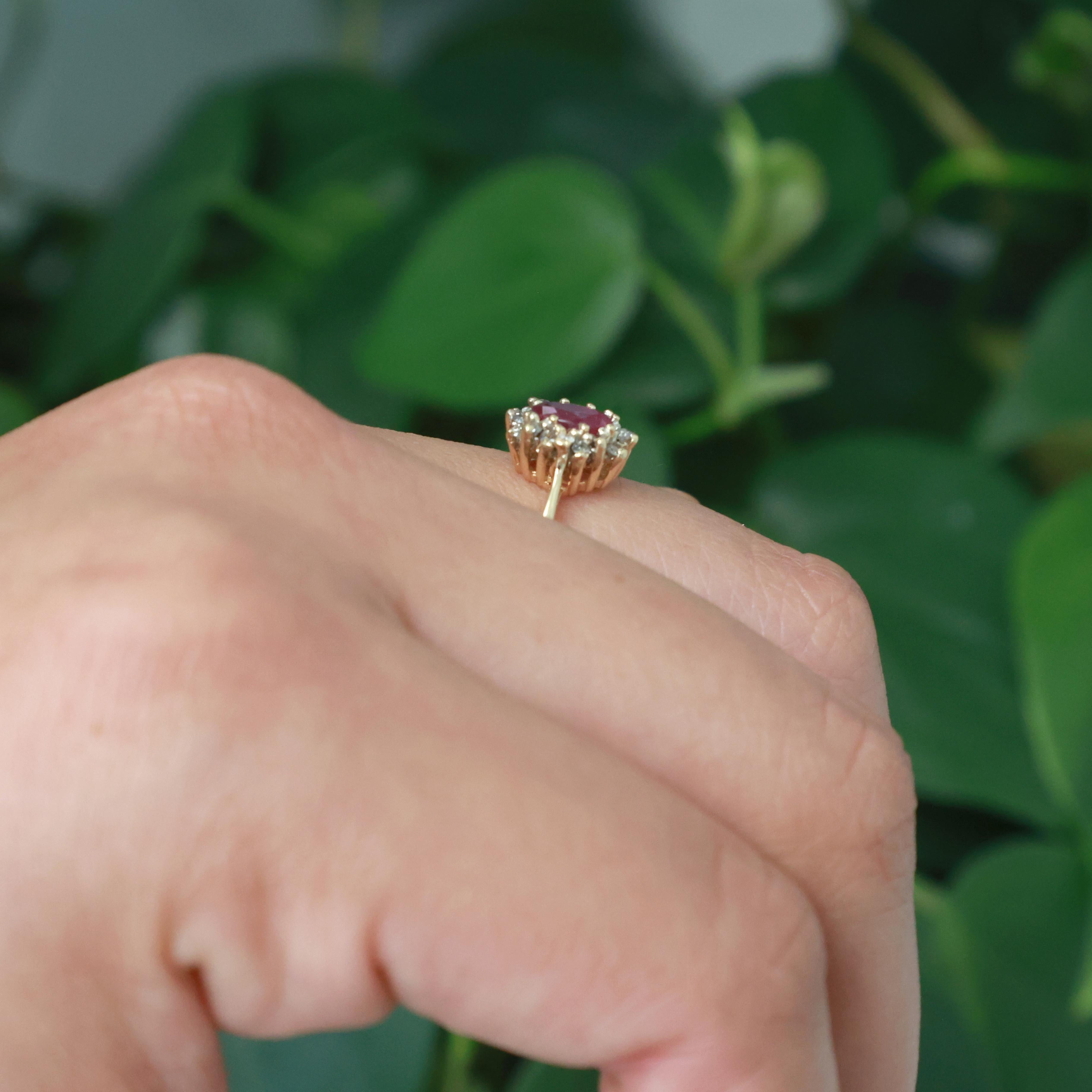 Ruby Diamond Floral Halo Ring 14K Yellow Gold 0.81 CTW Size 6.25 Ladies Estate