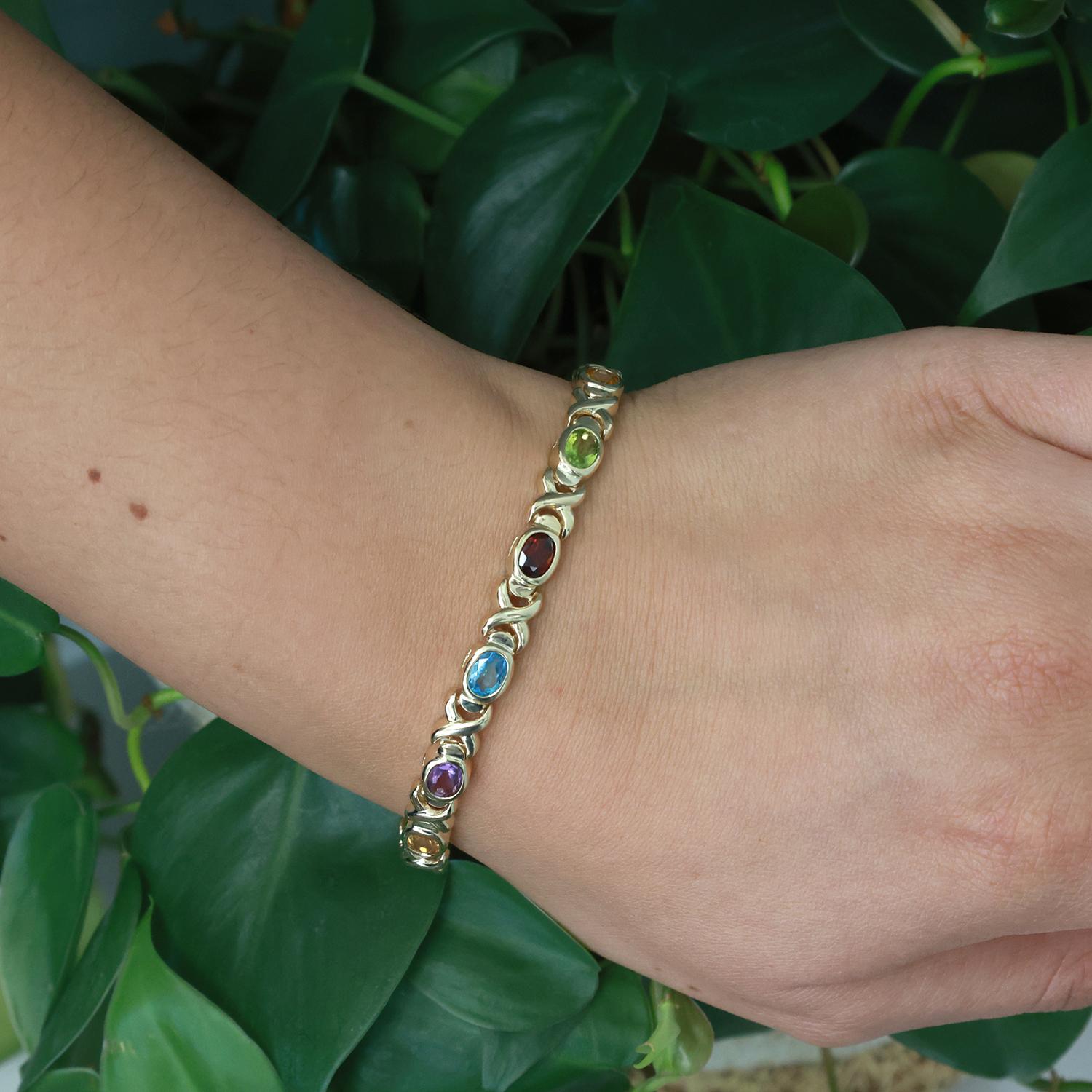 Multi Gemstone XO Link Bracelet 14K Yellow Gold 4.78 CTW Oval Gems 7"