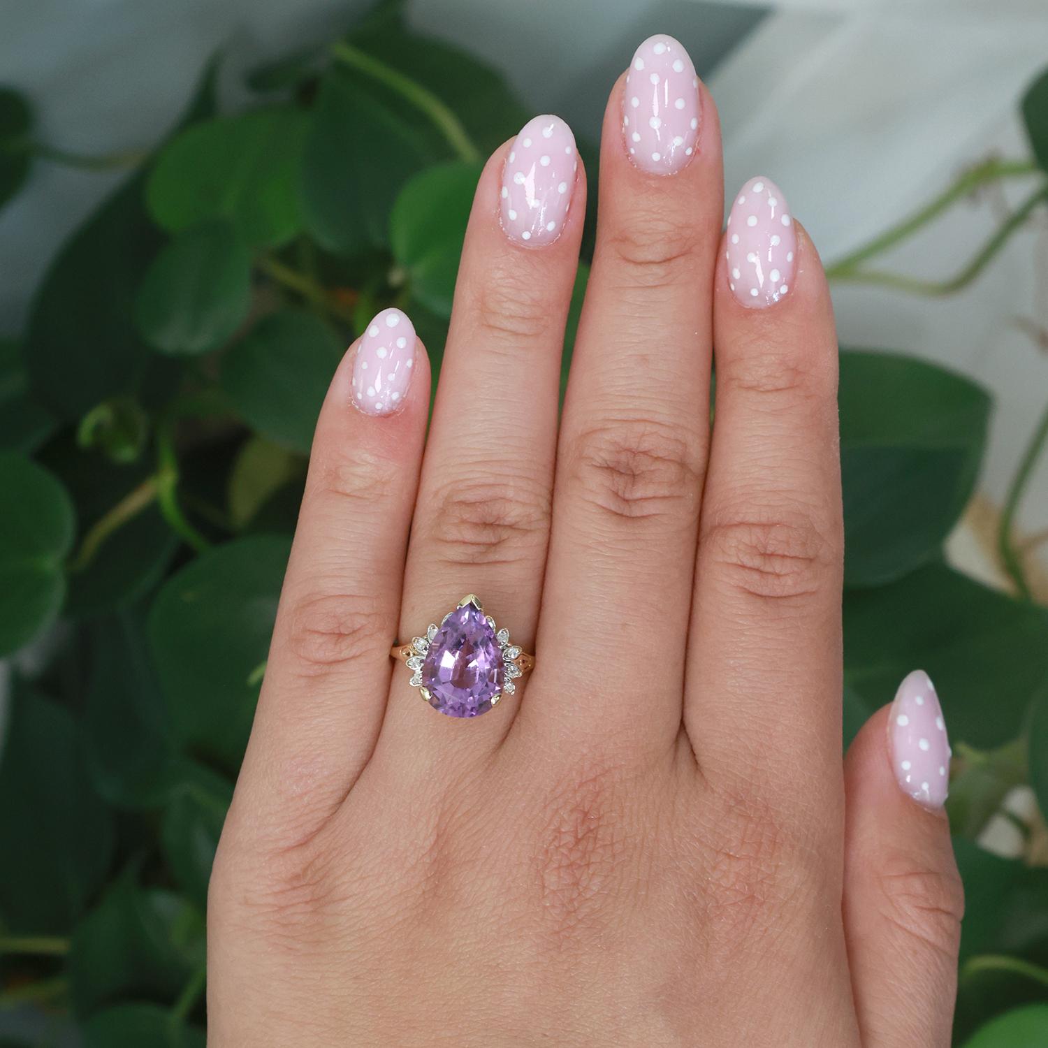 Pear Amethyst Diamond Statement Ring 10K Gold 4.85 CTW Size 7 Ladies Estate