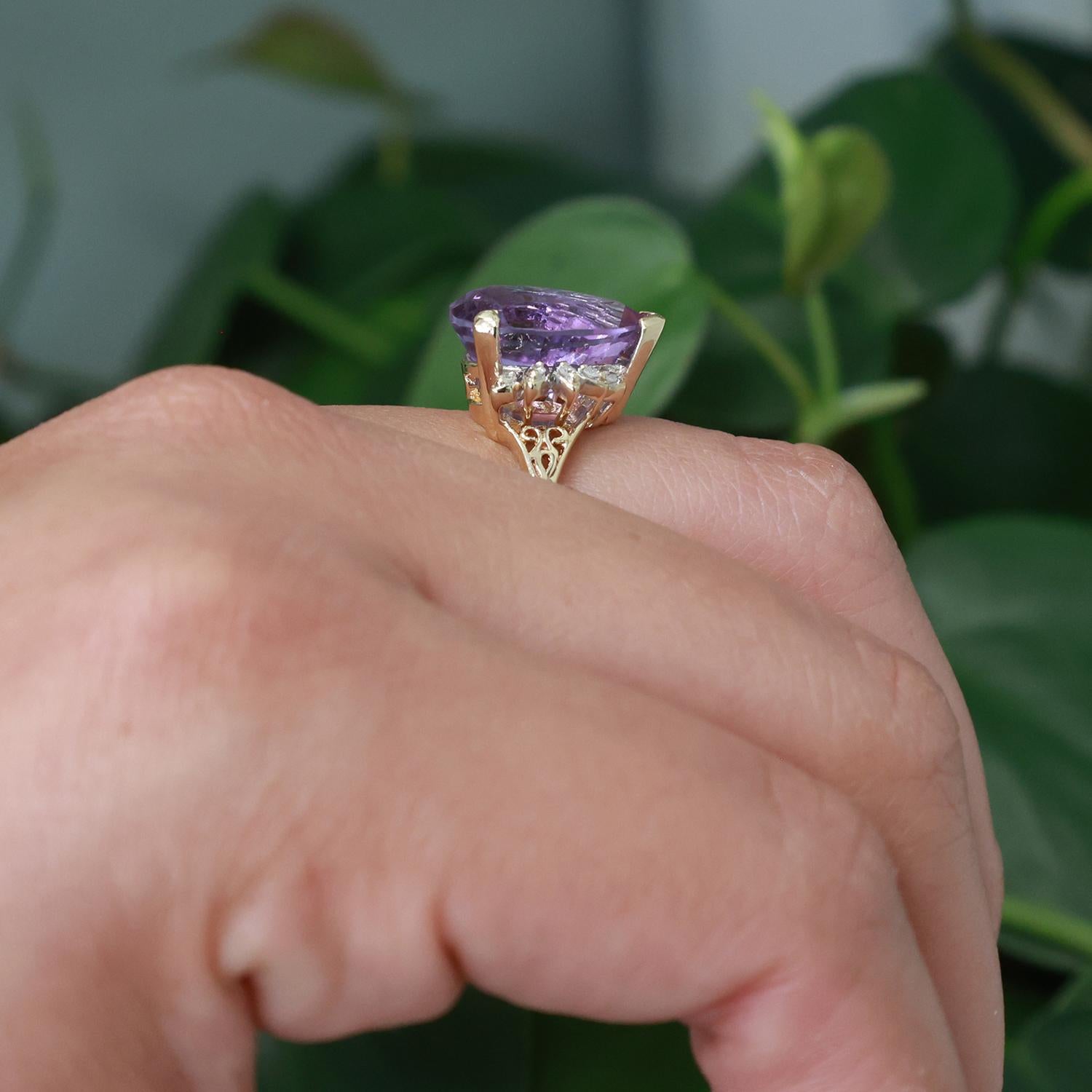 Pear Amethyst Diamond Statement Ring 10K Gold 4.85 CTW Size 7 Ladies Estate