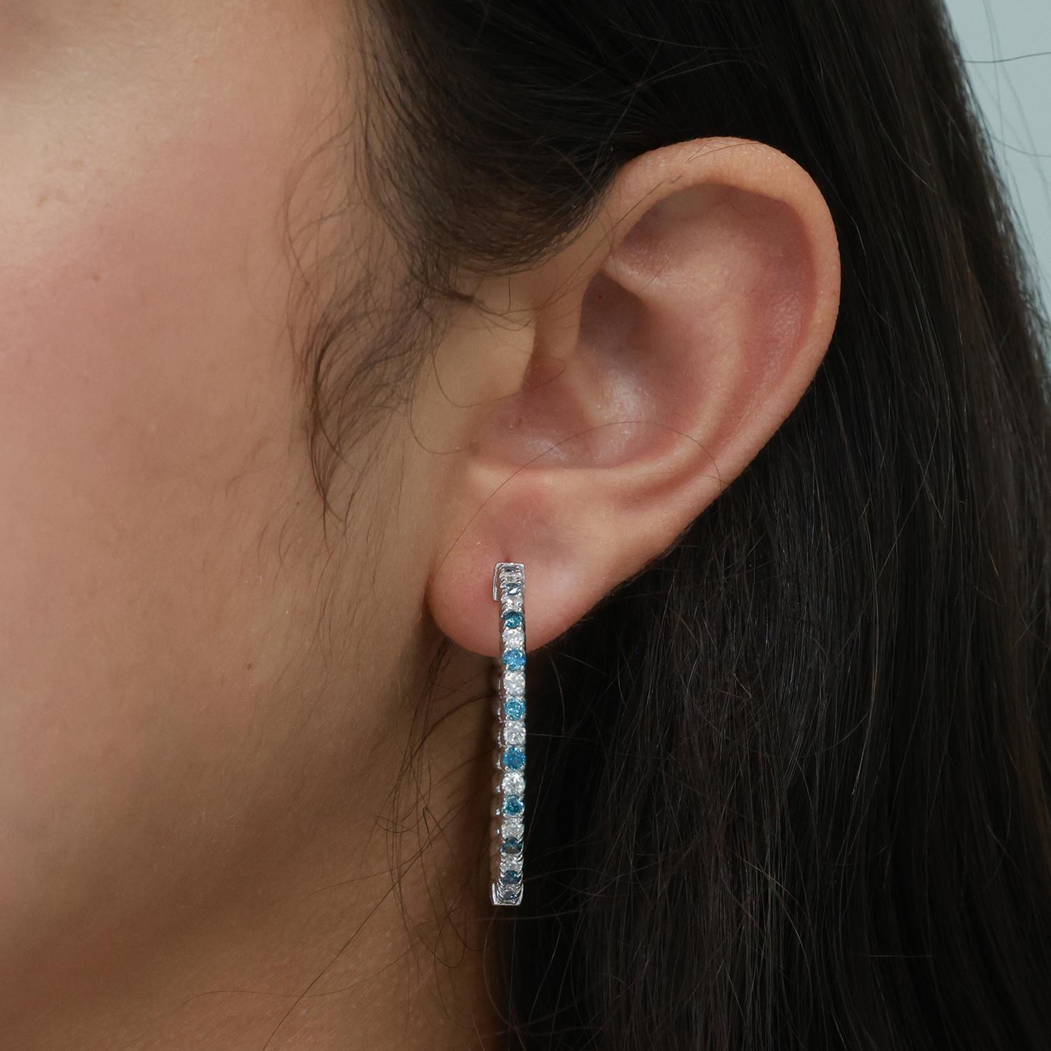 Blue And White Diamond Round Hoop Earrings 14K White Gold 1.40 TW 1.33" Ladies
