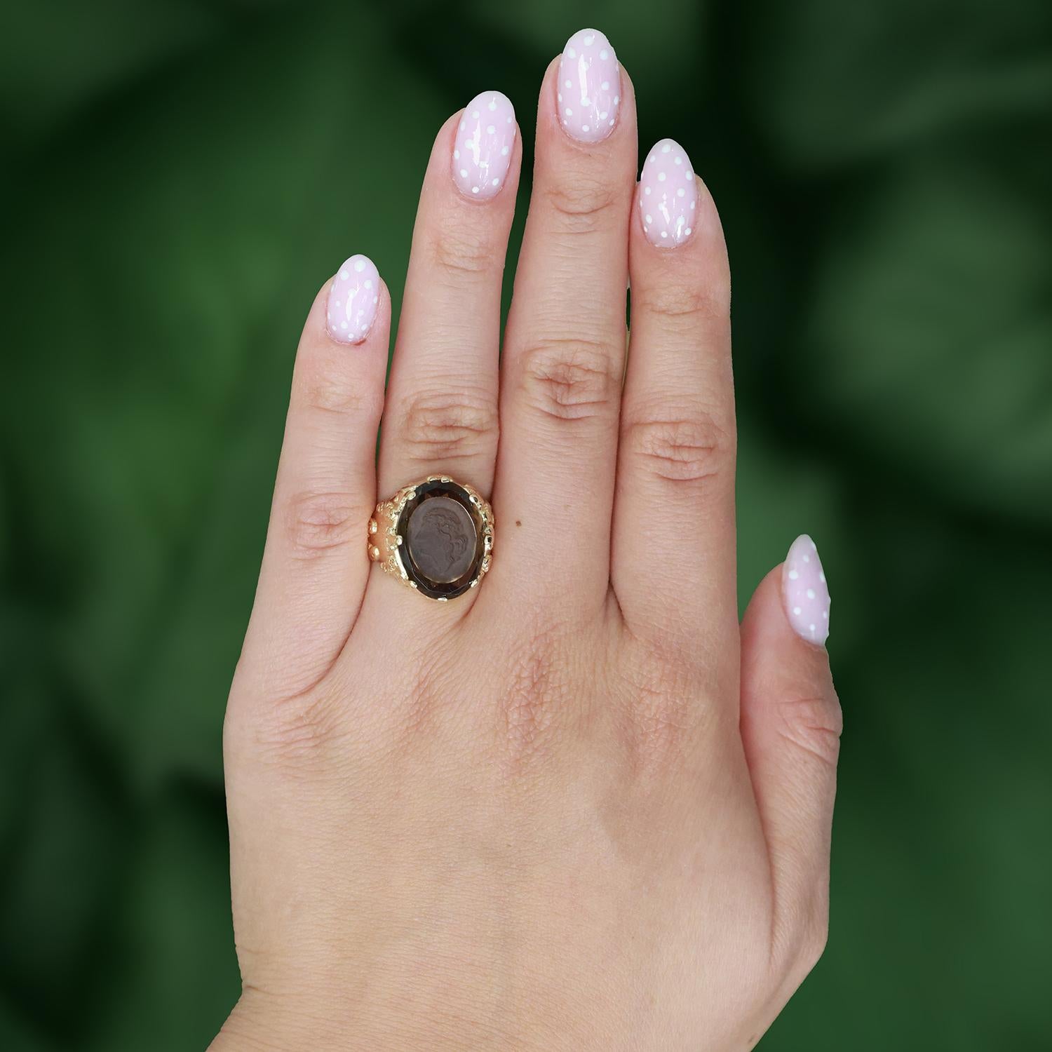 Vintage Carved Smoky Quartz Cameo Ring 14K Yellow Gold 12.10 CT Size 6.25 Estate