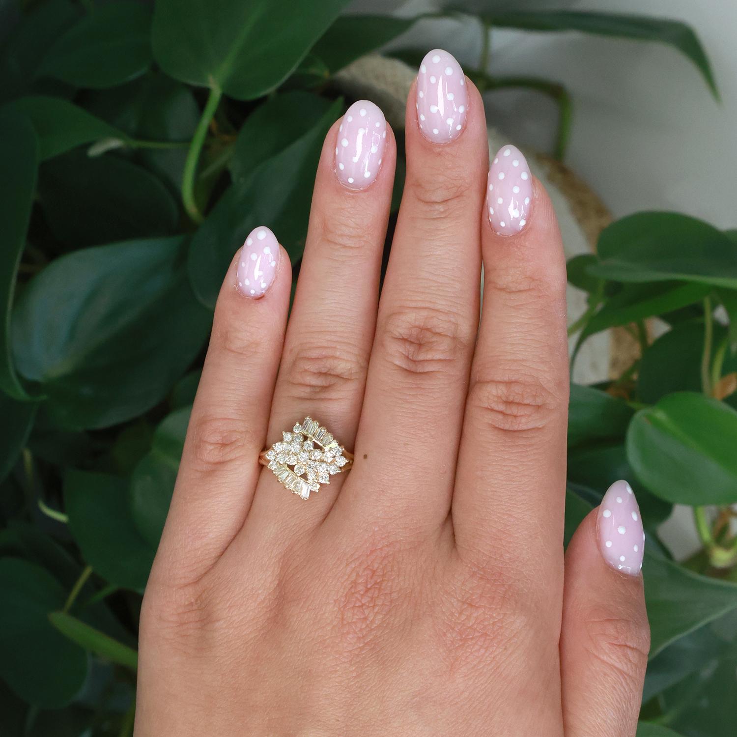 0.99 TW Round Baguette Cluster Diamond Statement Ring 14K Yellow Gold Size 6.75