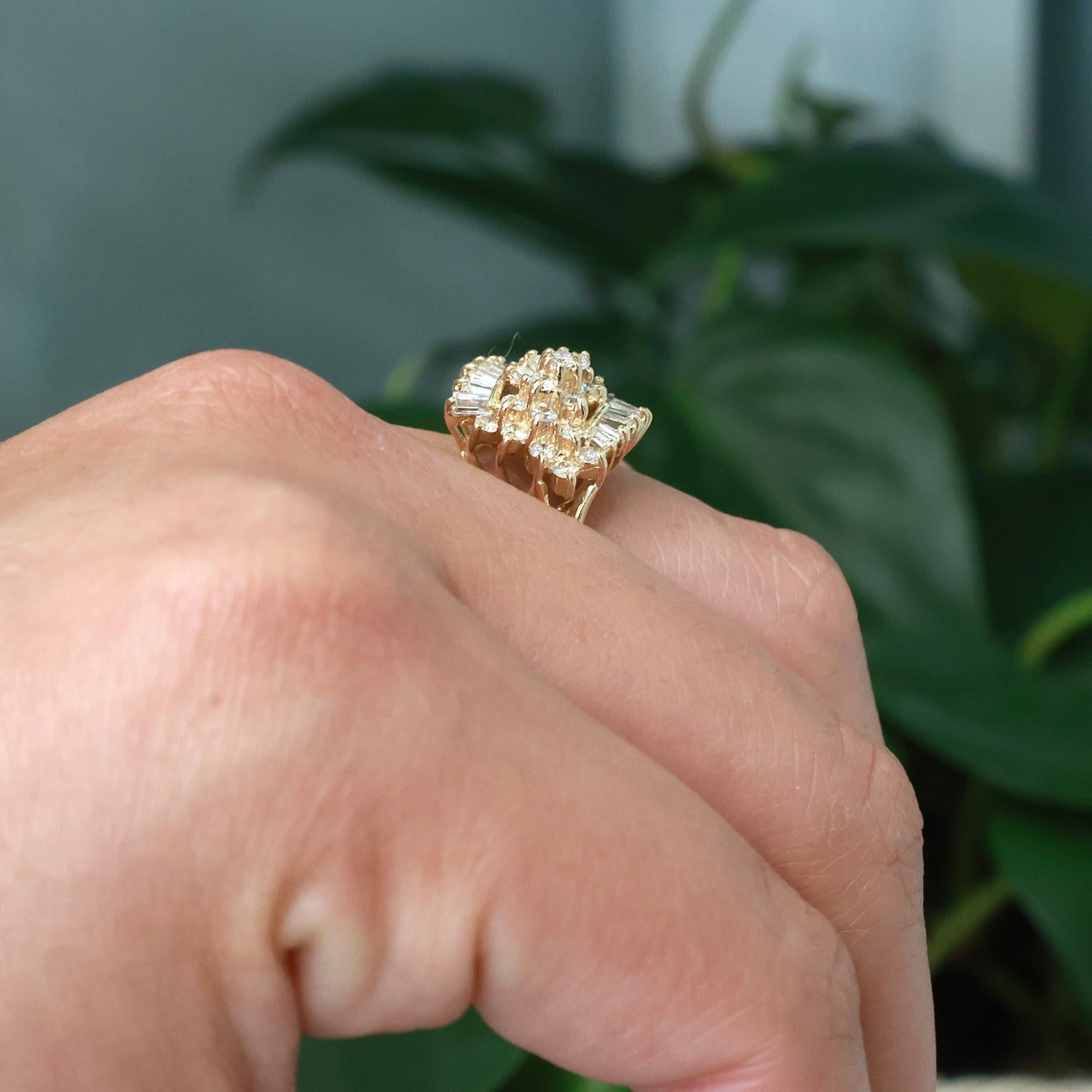 0.99 TW Round Baguette Cluster Diamond Statement Ring 14K Yellow Gold Size 6.75