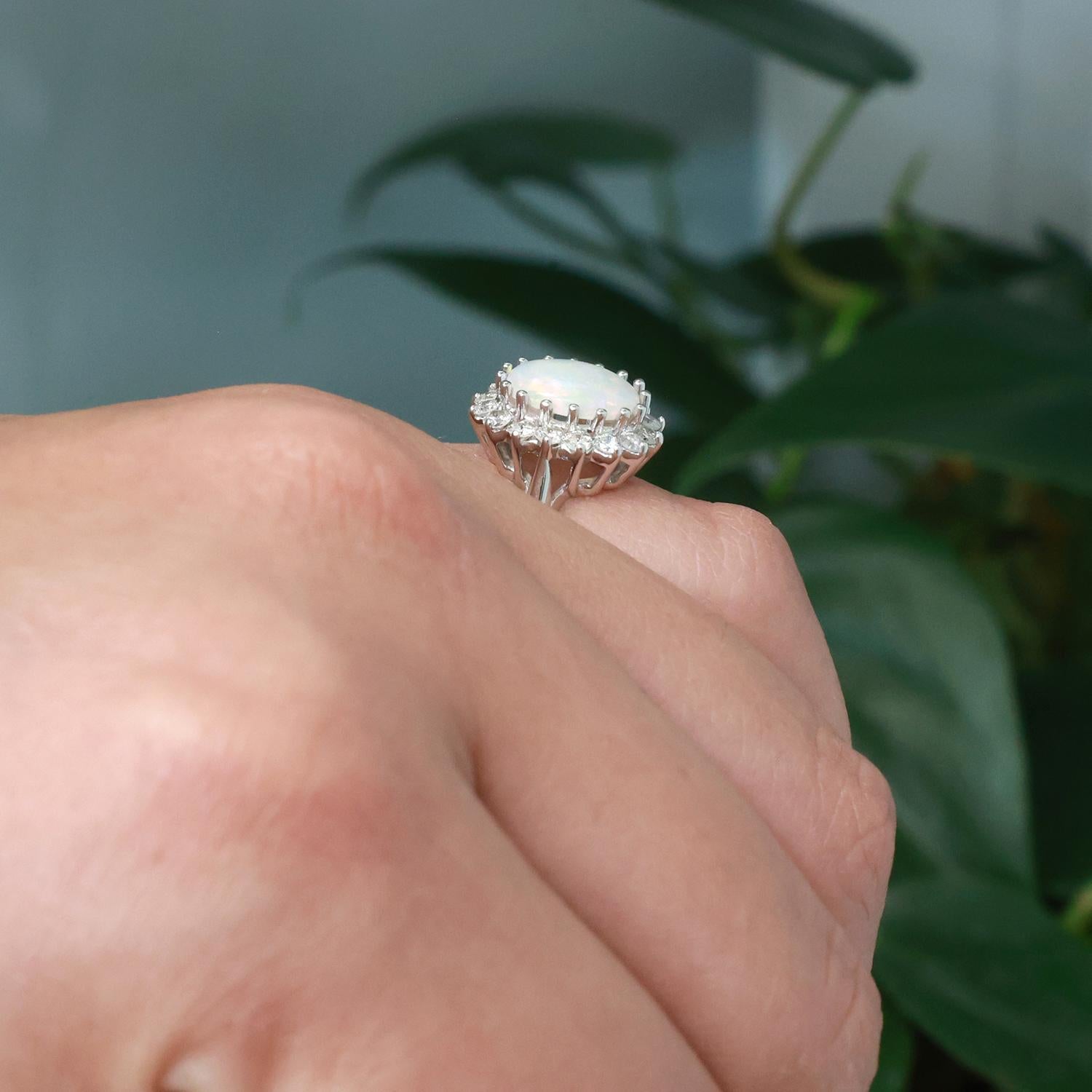 Oval Opal Diamond Halo Ring 14K White Gold 1.95 CTW Size 5 Ladies Estate