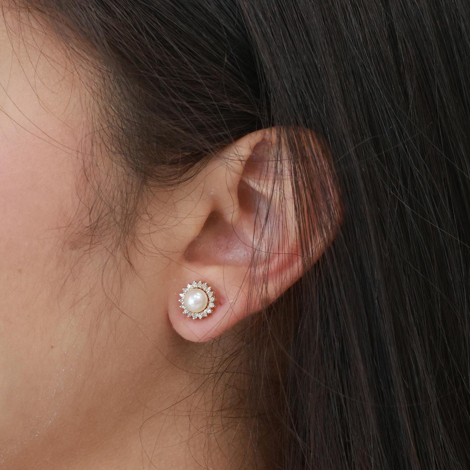 Freshwater Pearl Halo Diamond Floral Stud Earrings 14K Yellow Gold 0.40" Ladies