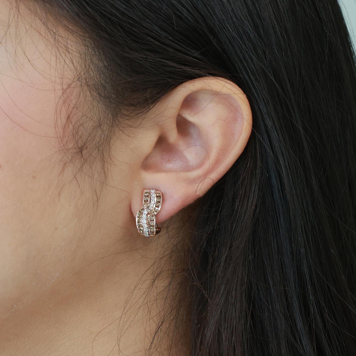 14K Rose Gold Diamond Swirl J Hoop Earrings 1.50 TW 0.50" Ladies Estate
