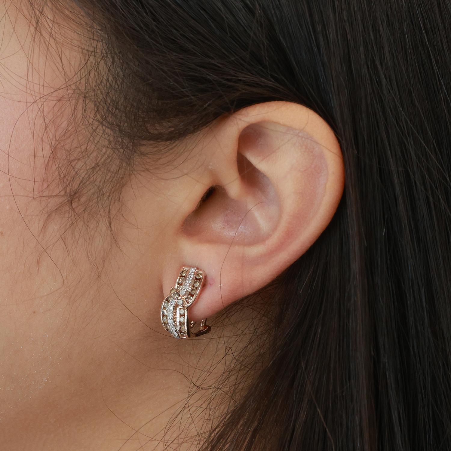 14K Rose Gold Diamond Swirl J Hoop Earrings 1.50 TW 0.50" Ladies Estate