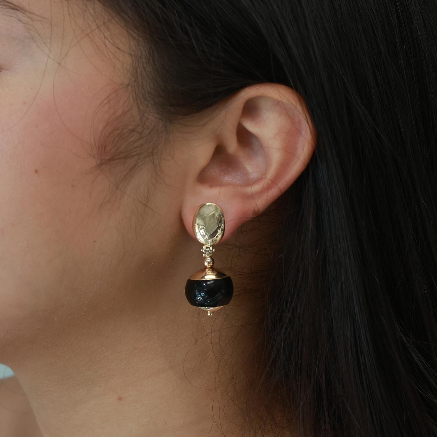 Round Black Onyx Drop Dangle Earrings 14K Yellow Gold Omega Backs 1.35" Estate