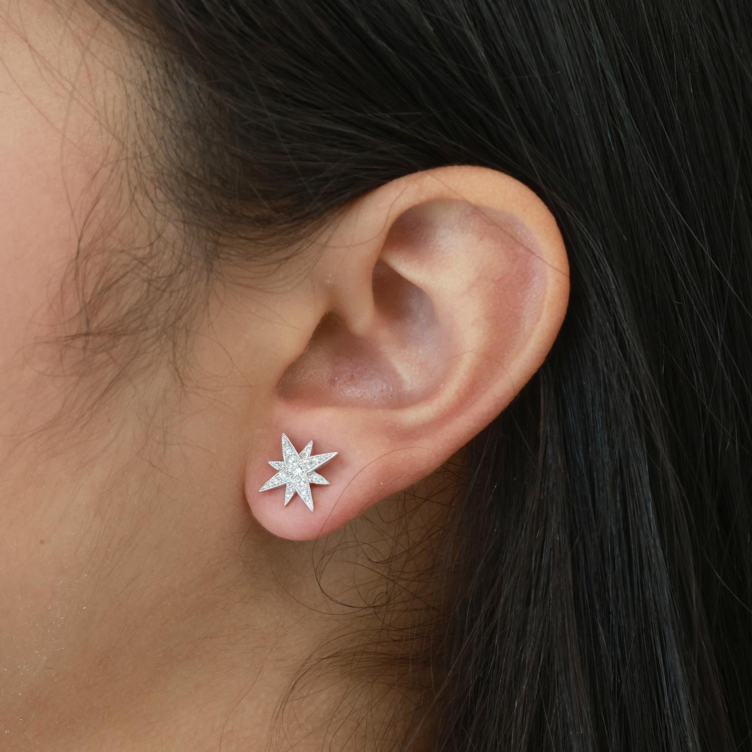 Diamond Starburst Stud Earrings 18K White Gold 0.45 TW 0.50" Estate
