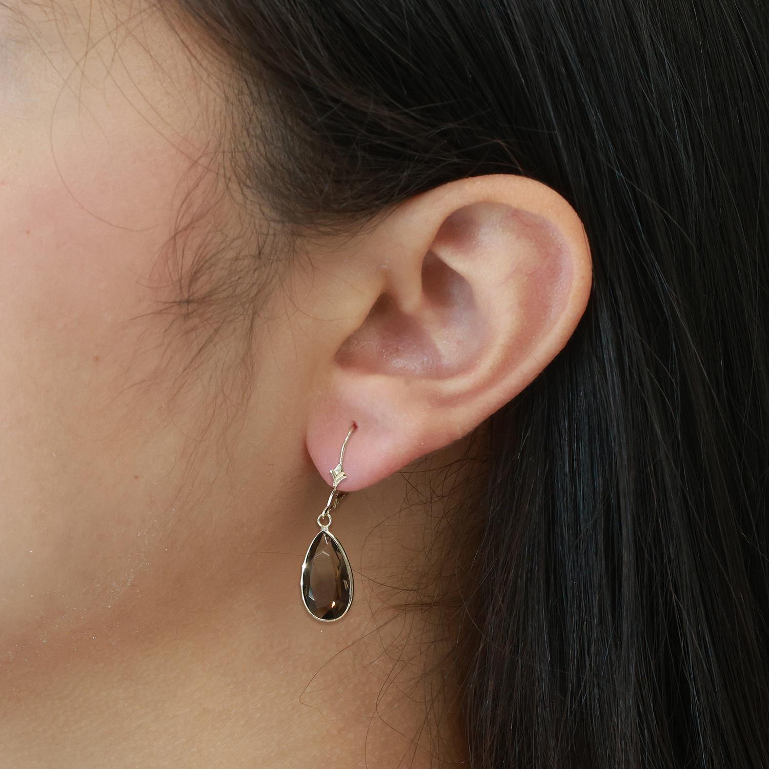 8.30 TW Smoky Quartz Teardrop Dangle Earrings 14K Yellow Gold Lever Backs 1.30"