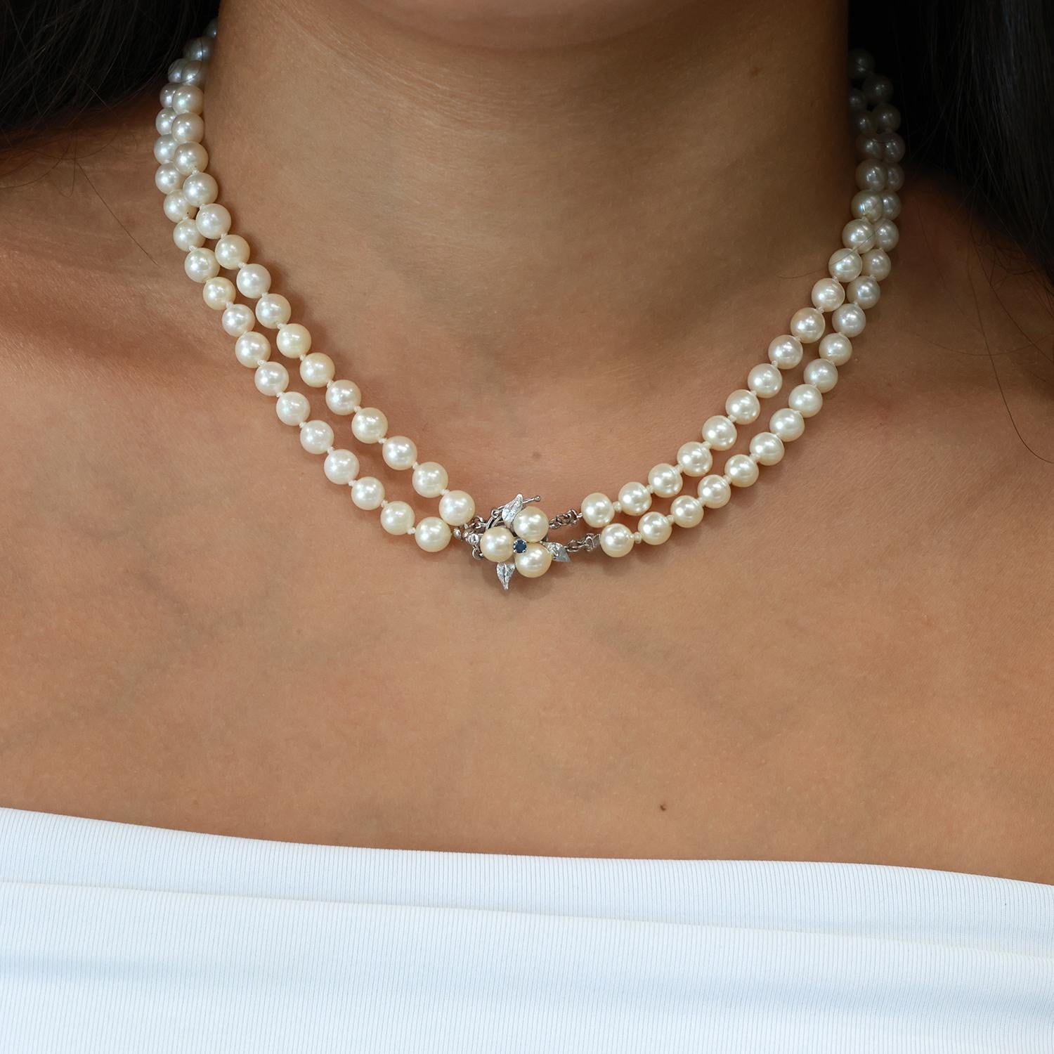 Vintage 2-Strand Cultured Akoya Pearl Necklace 14K White Gold Floral Clasp 17"