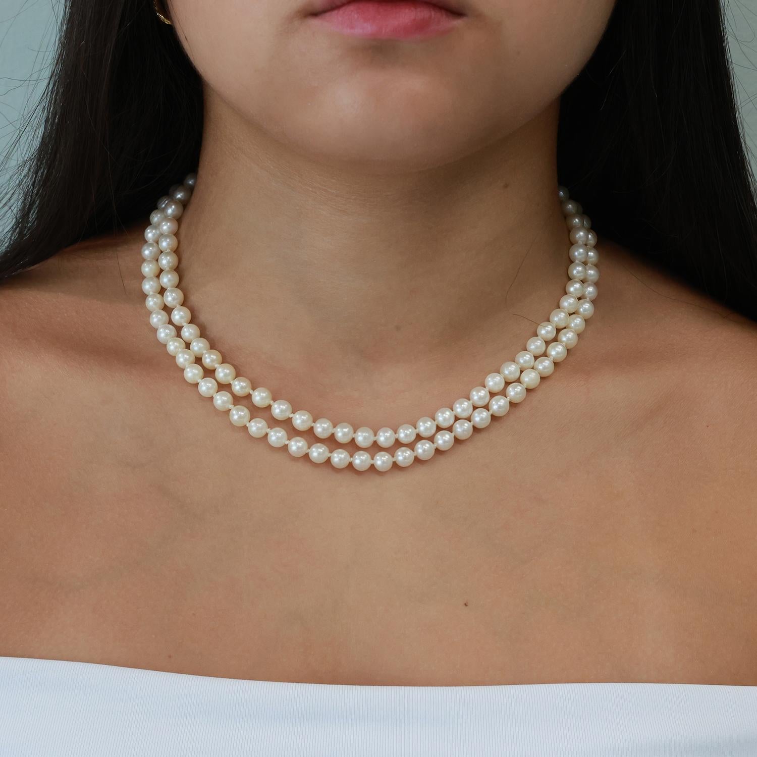 Vintage 2-Strand Cultured Akoya Pearl Necklace 14K White Gold Floral Clasp 17"
