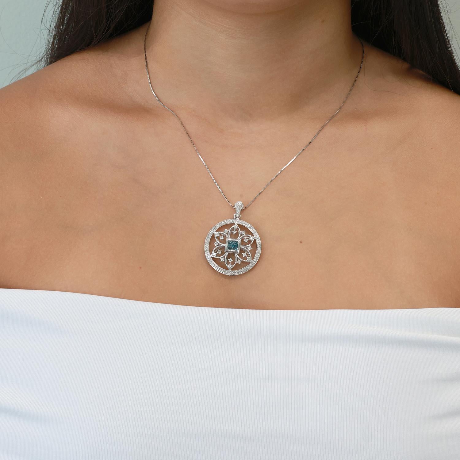 Blue Diamond Floral Filigree Pendant Chain Necklace 14K White Gold 1.20 TW 18"