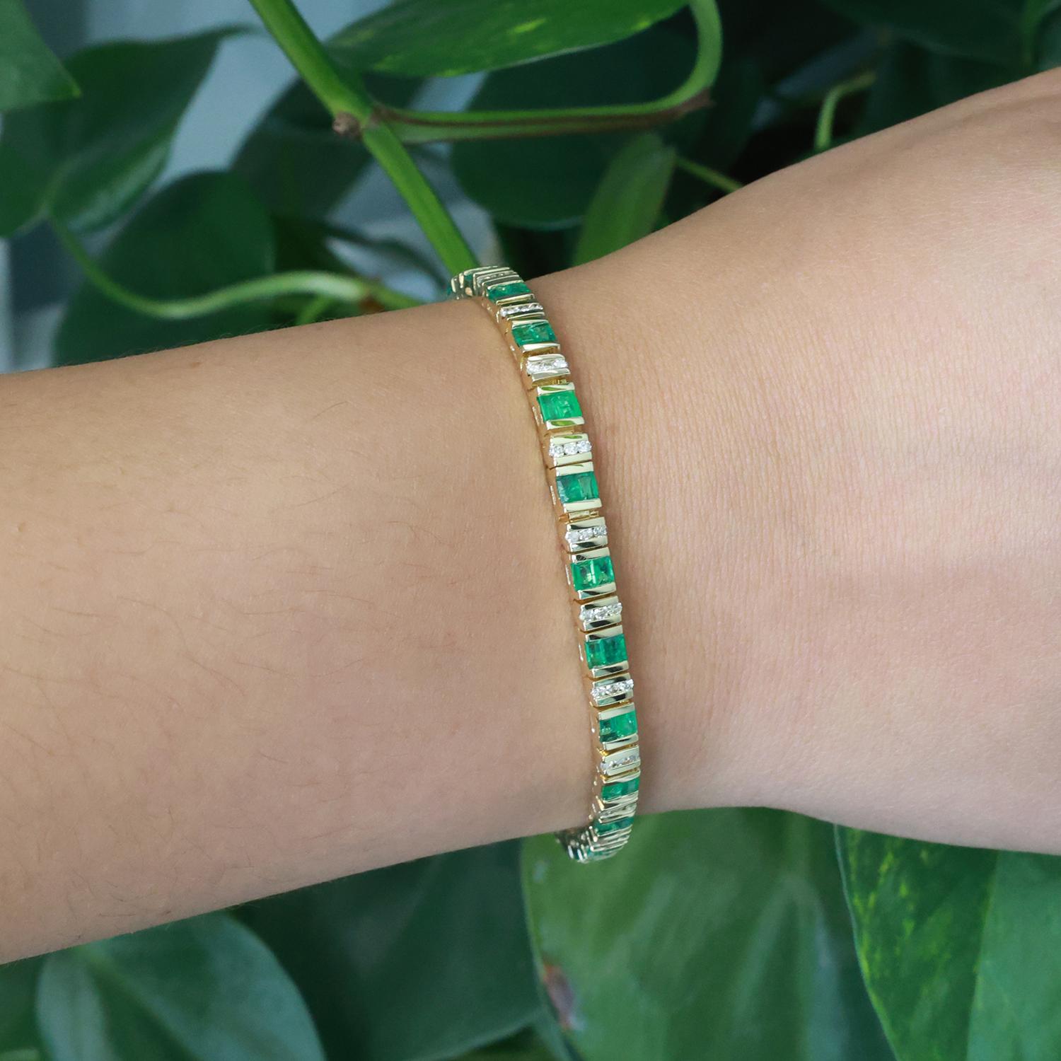 Estate Emerald Diamond Station Bracelet 14K Yellow Gold 5.65 CTW 7.25" Ladies