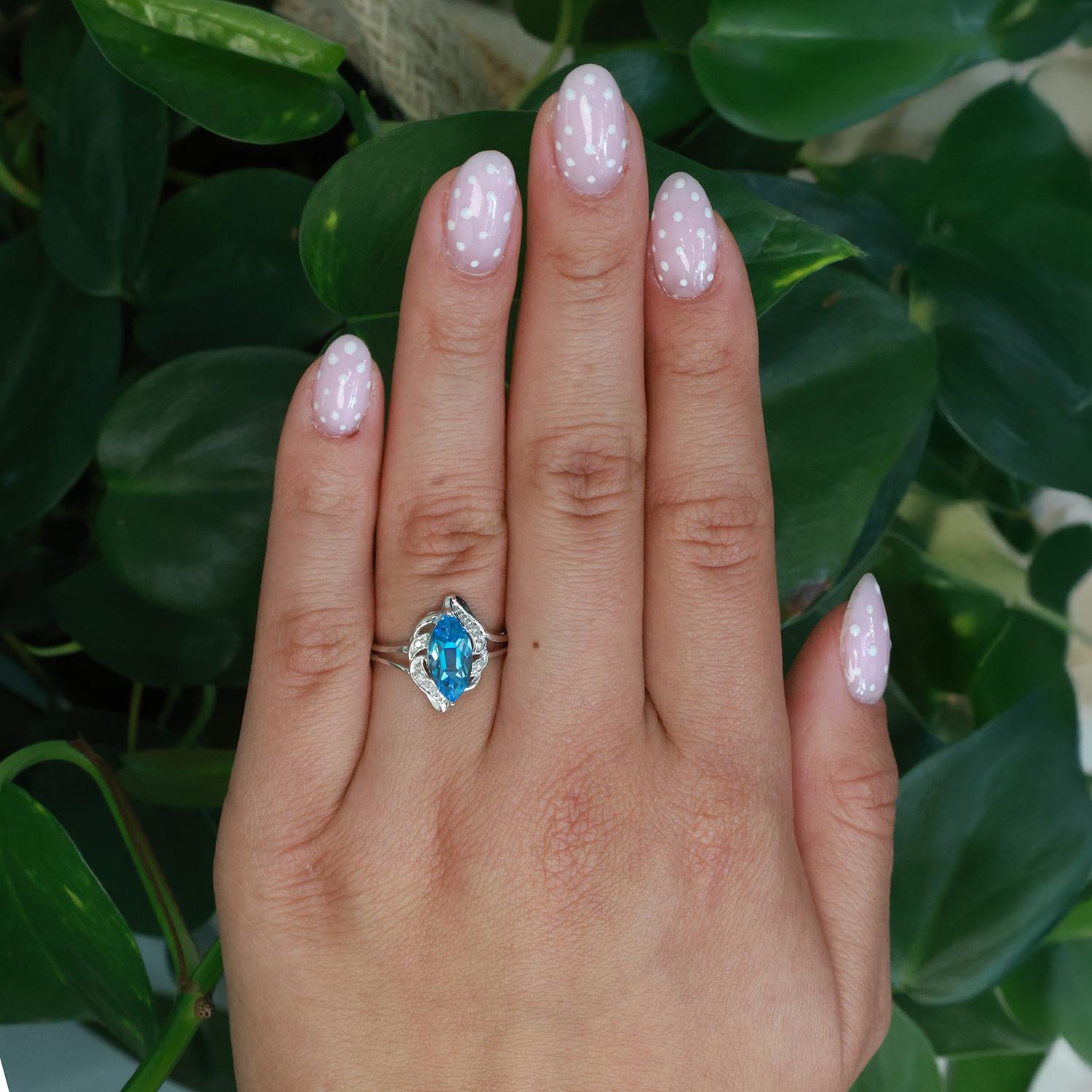 Solitaire Marquise Blue Topaz Diamond Accent Ring 14K White Gold 2.10 CTW Size 7