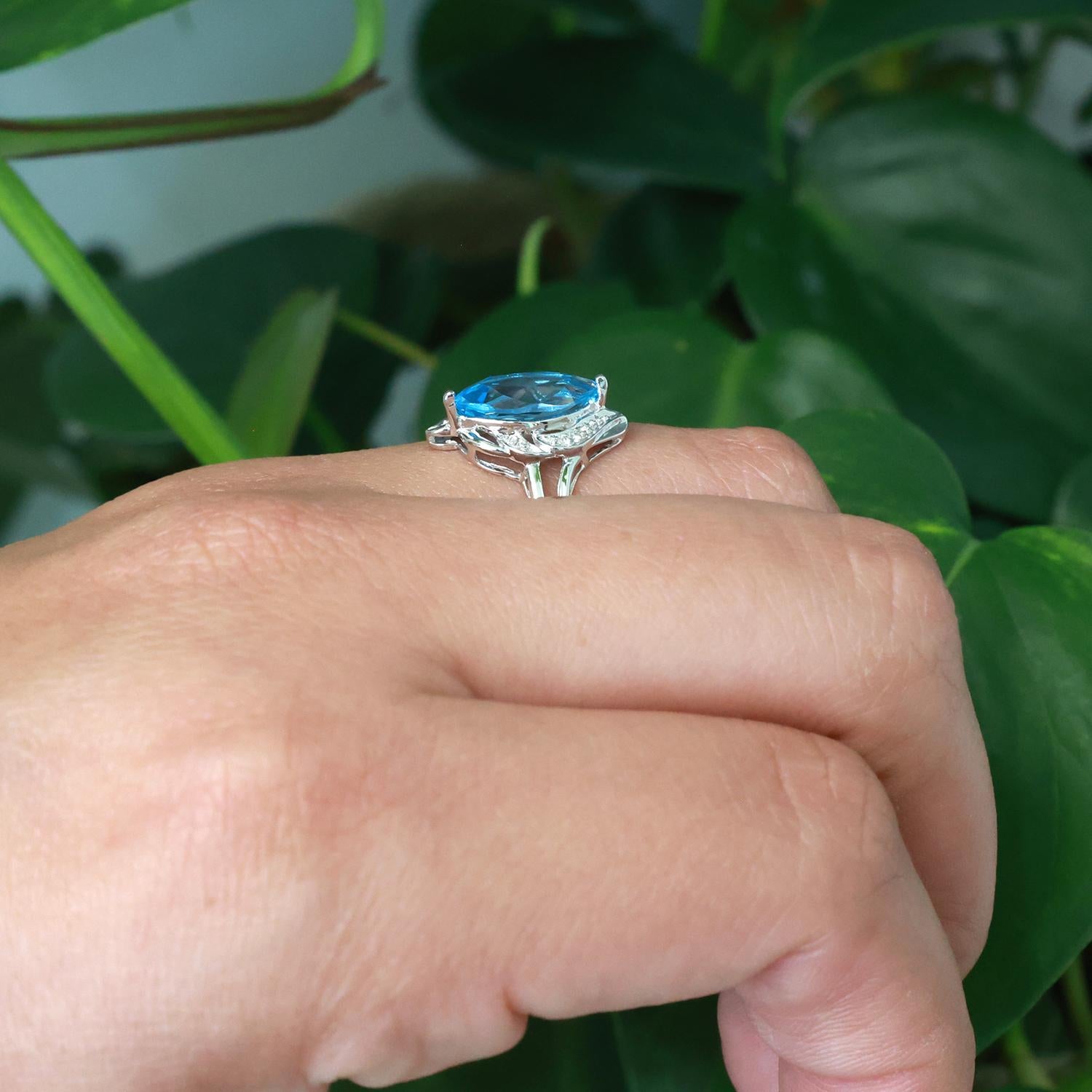 Solitaire Marquise Blue Topaz Diamond Accent Ring 14K White Gold 2.10 CTW Size 7