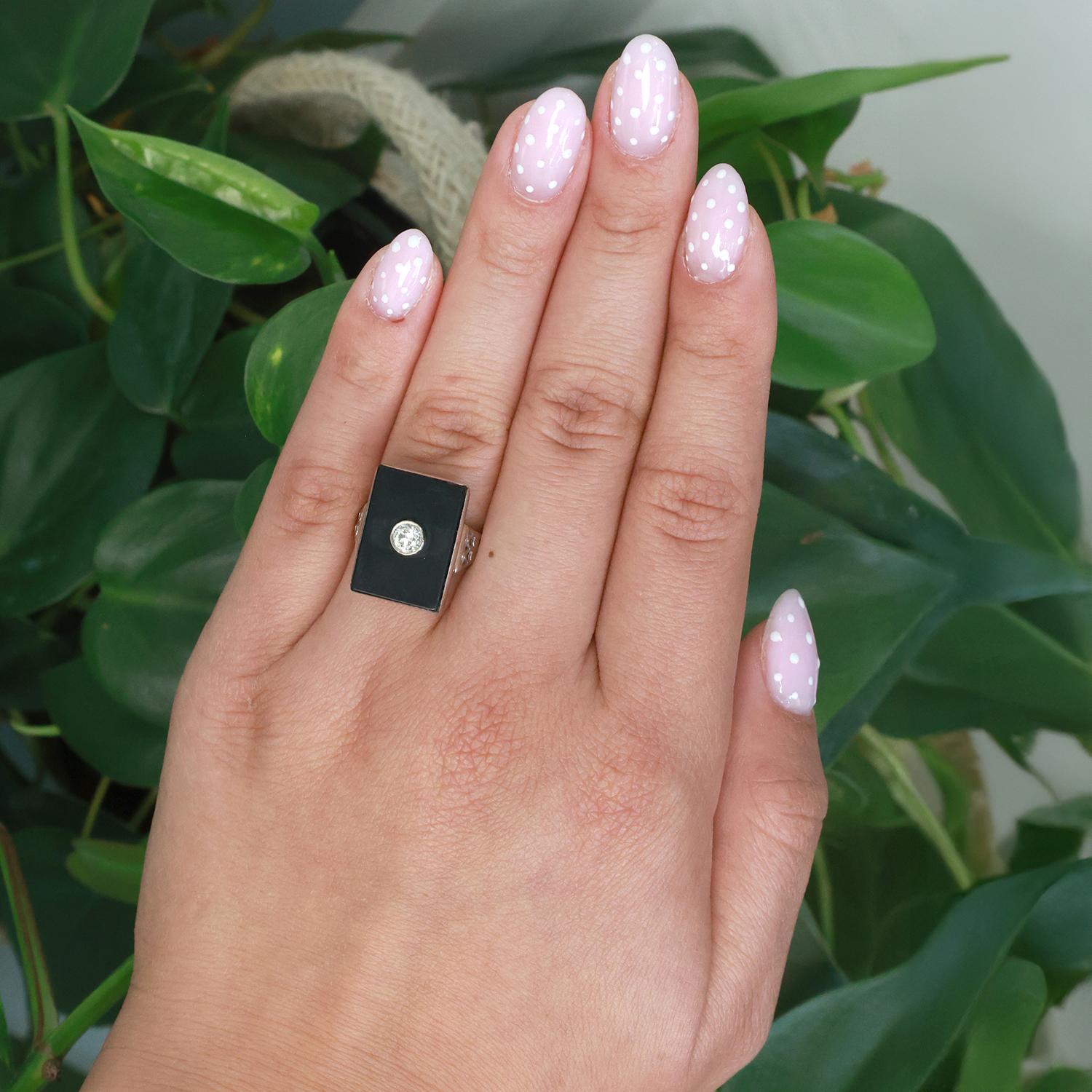 0.20 TW Solitaire Diamond Black Onyx Statement Ring White Gold Filigree Size 7