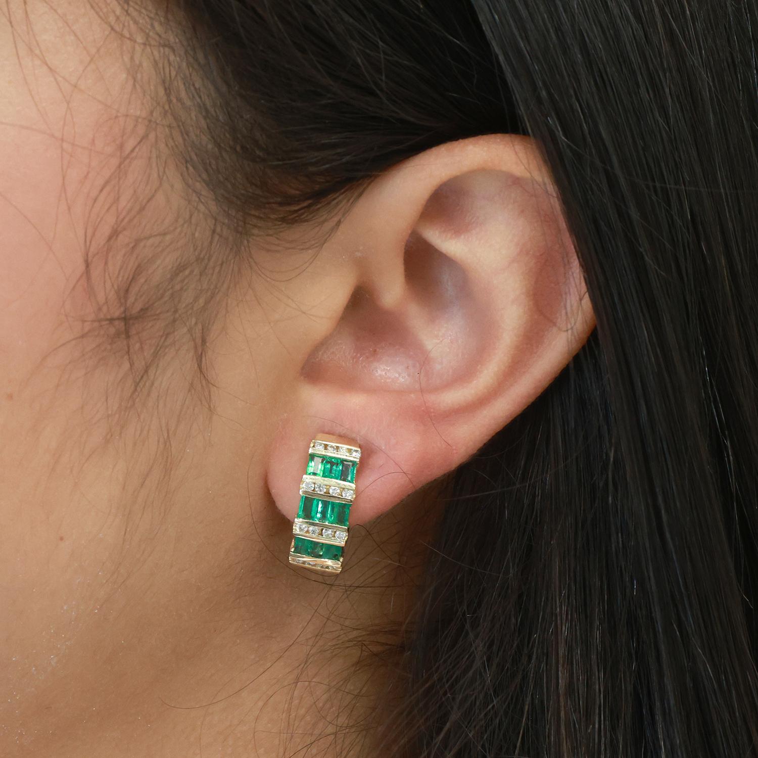Emerald Diamond J Hoop Earrings 14K Yellow Gold 1.32 CTW Omega Backs 0.50"