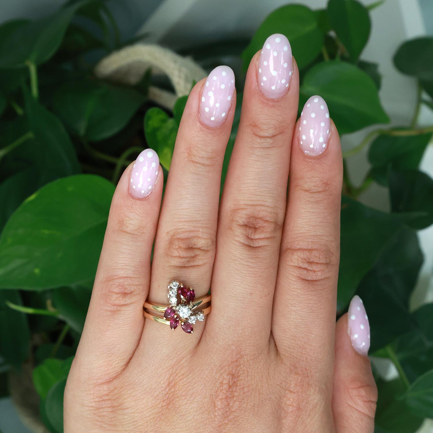 Ruby Diamond Floral Cocktail Ring 14K Gold 0.80 CTW Size 8.25 Ladies