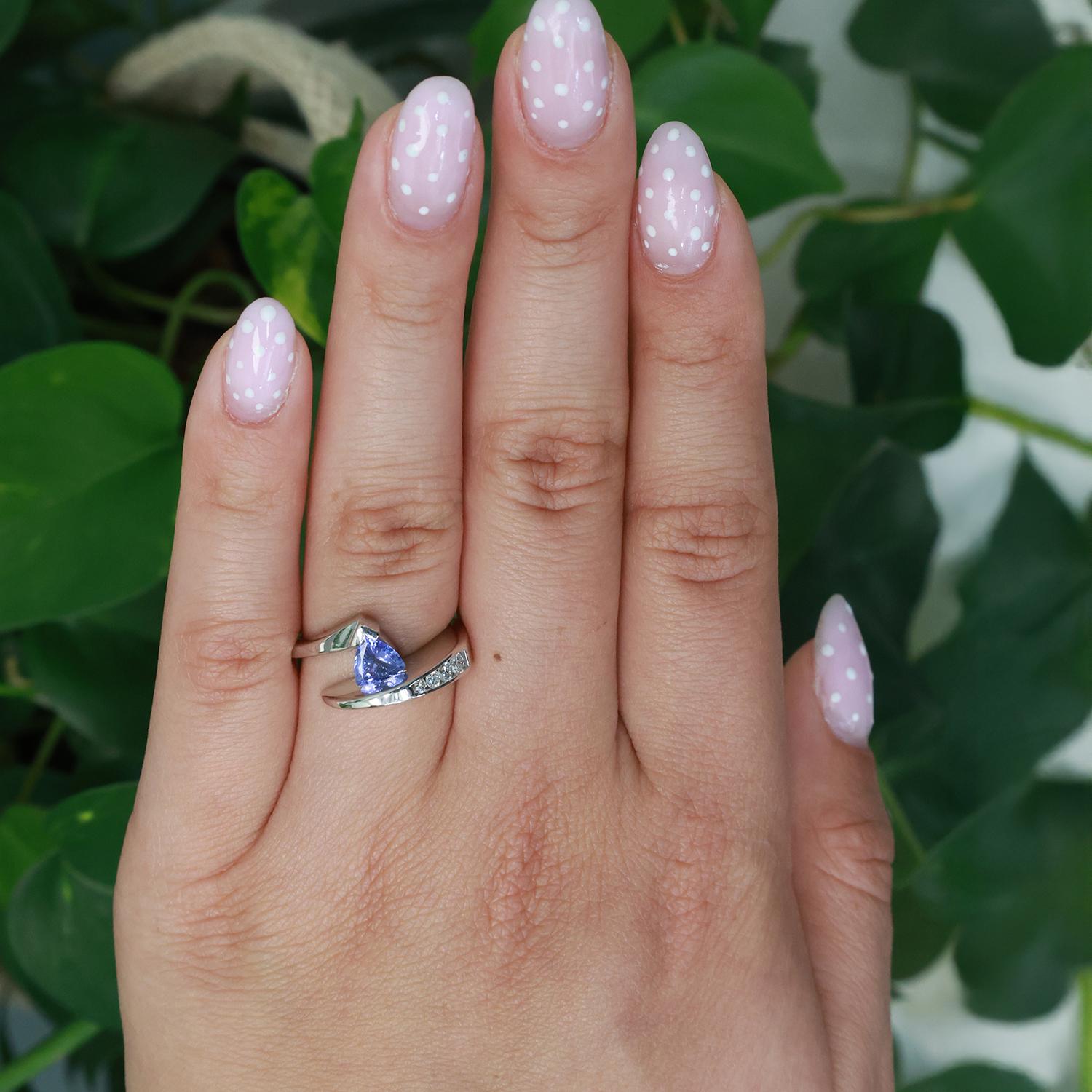 Trillion Cut Tanzanite Diamond Bypass Ring 14K White Gold 0.90 CTW Size 6.5
