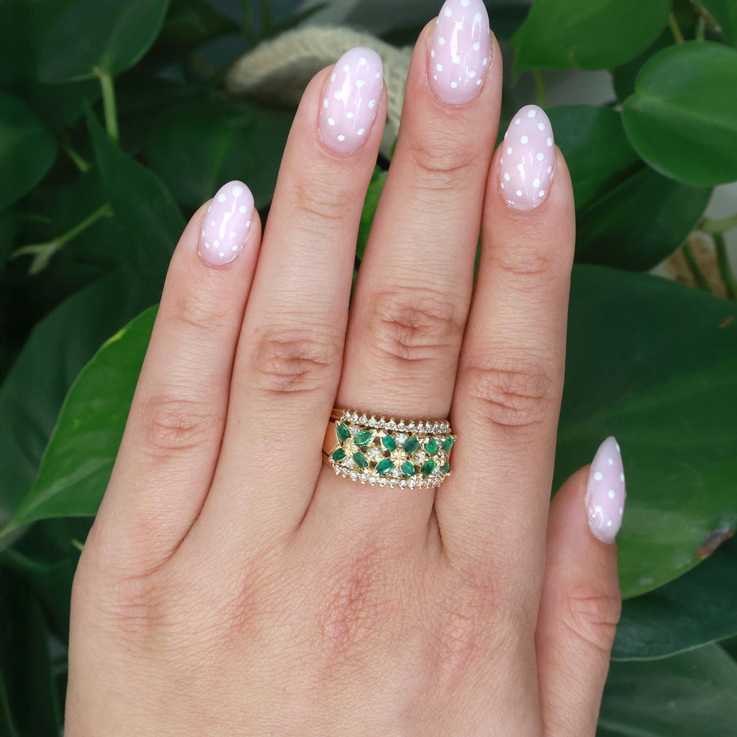EFFY Emerald Diamond Floral Wide Band Ring 14K Yellow Gold 0.86 CTW Size 9.25