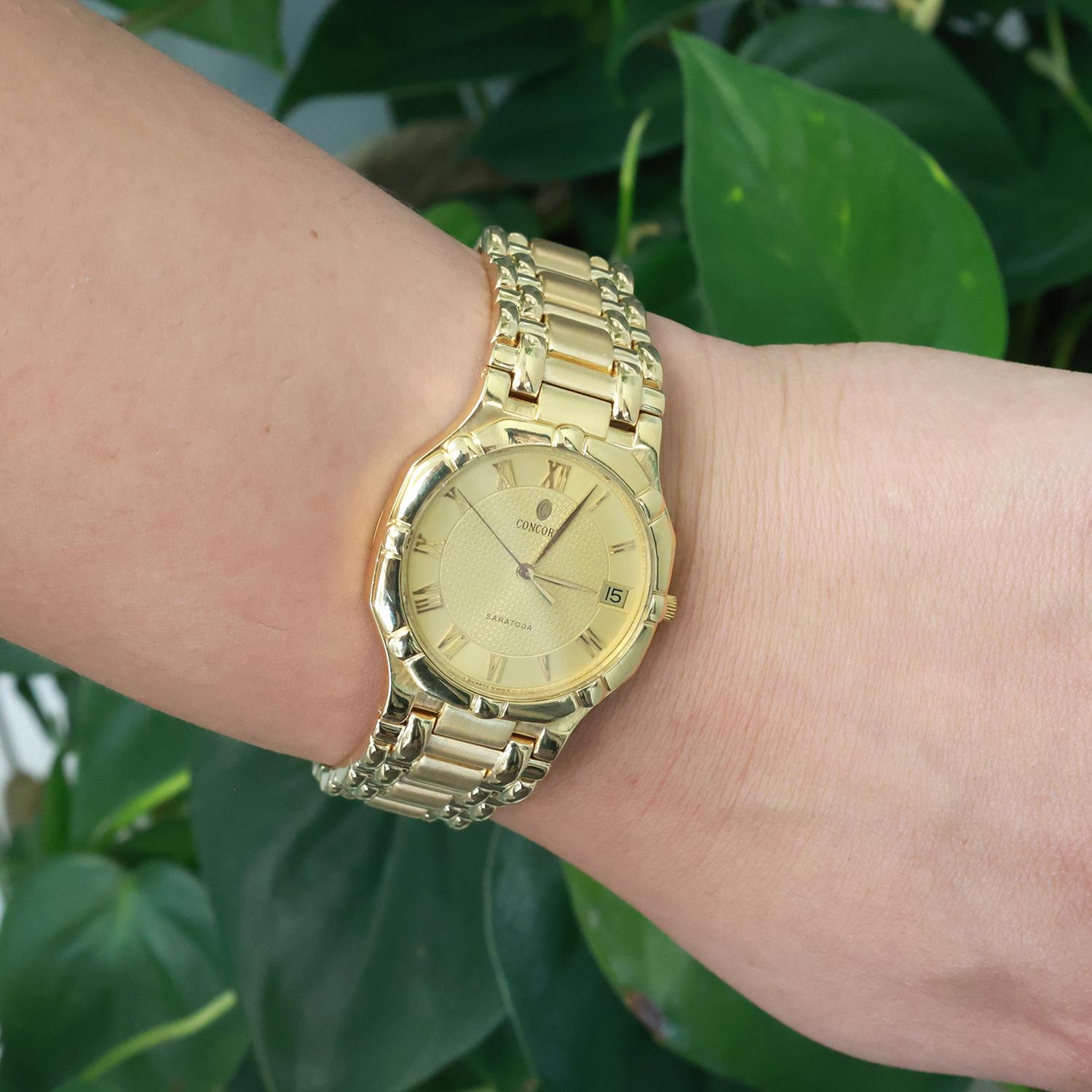Concord Saratoga Watch 18K Gold Champagne Roman Numeral Dial Quartz 7.25"