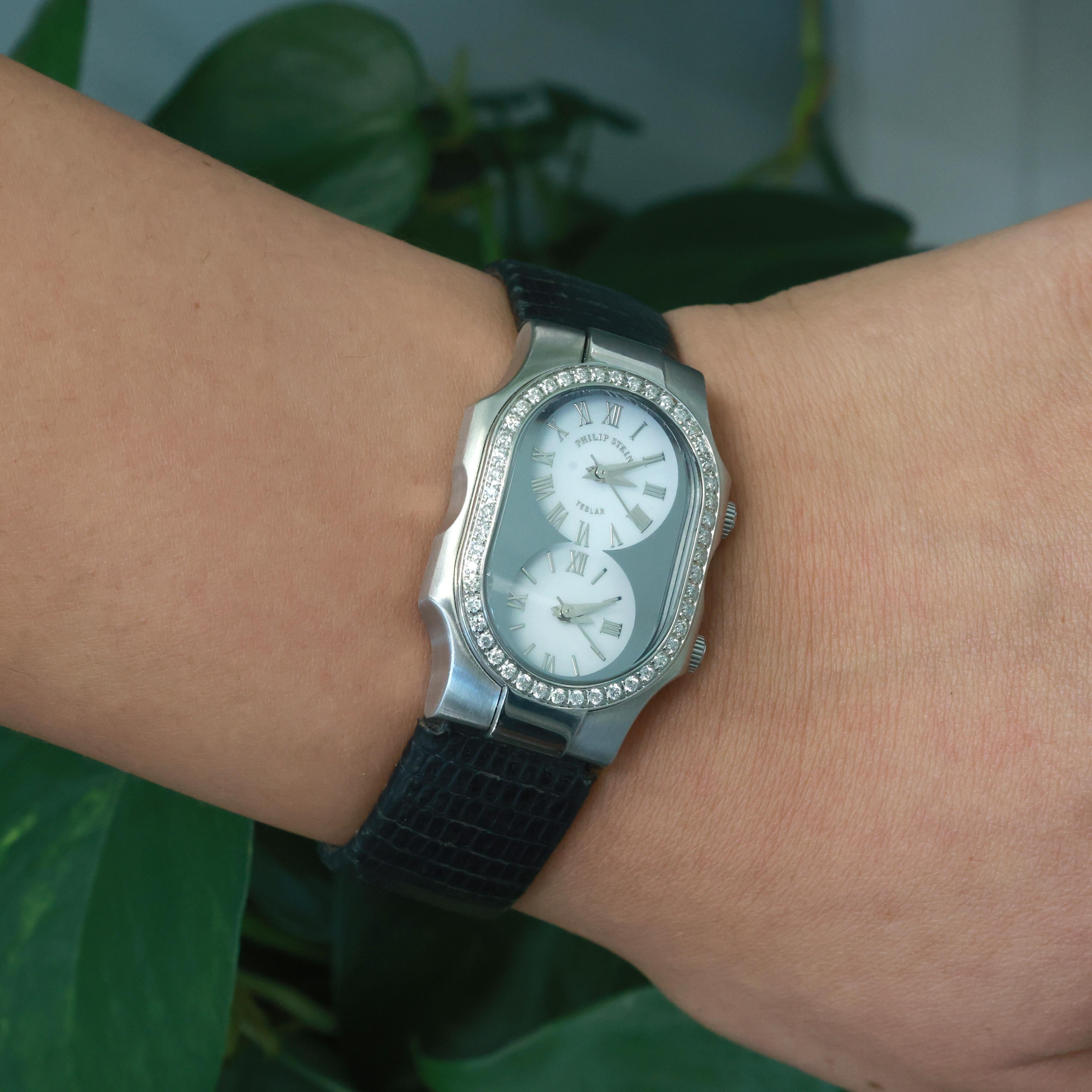 Philip Stein Teslar Dual Time Zone Watch Stainless Steel 0.72 TW Diamonds Estate