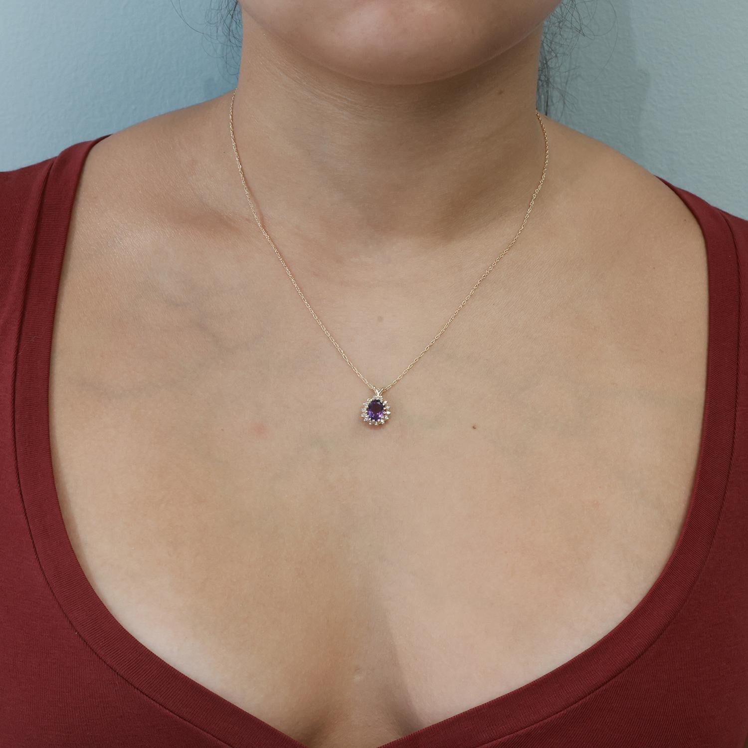 Amethyst Halo Diamond Floral Pendant Chain Necklace 14K Yellow Gold 0.89 CTW 18"