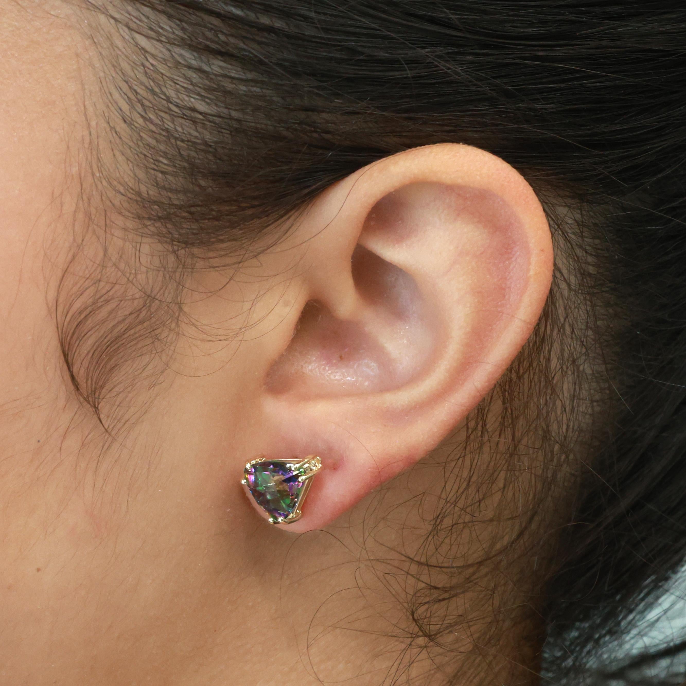 Trillion Cut Mystic Topaz Gemstone Stud Earrings 14K Yellow Gold 6.90 CTW