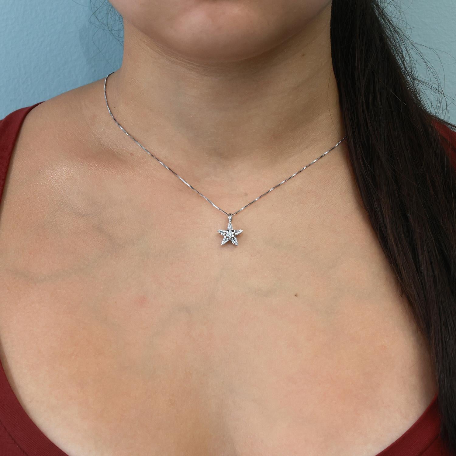 Diamond Star Pendant Charm 14K White Gold Round Baguette Diamonds 0.33 TW 0.47"