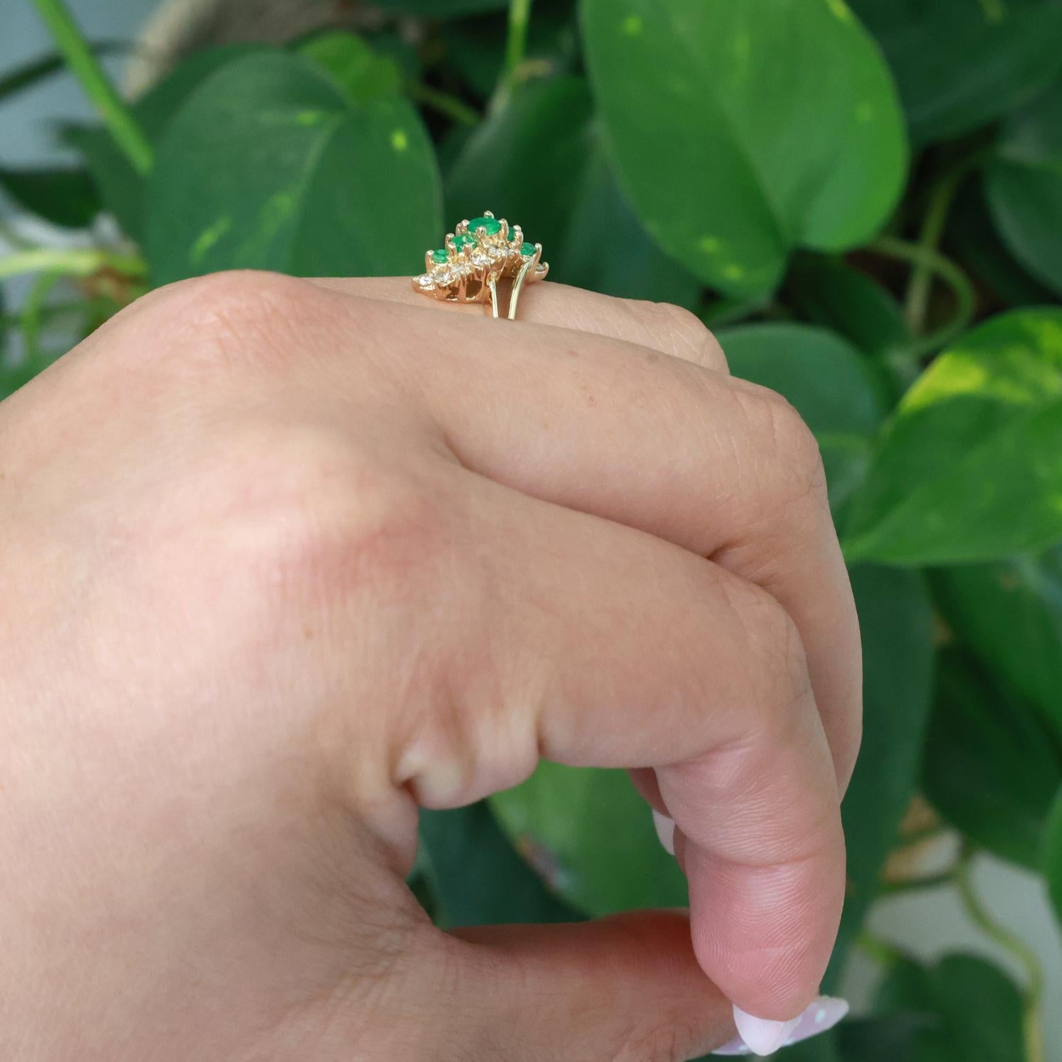 Estate Emerald Diamond Bypass Ring 14K Yellow Gold 0.97 CTW Size 6.5 Ladies
