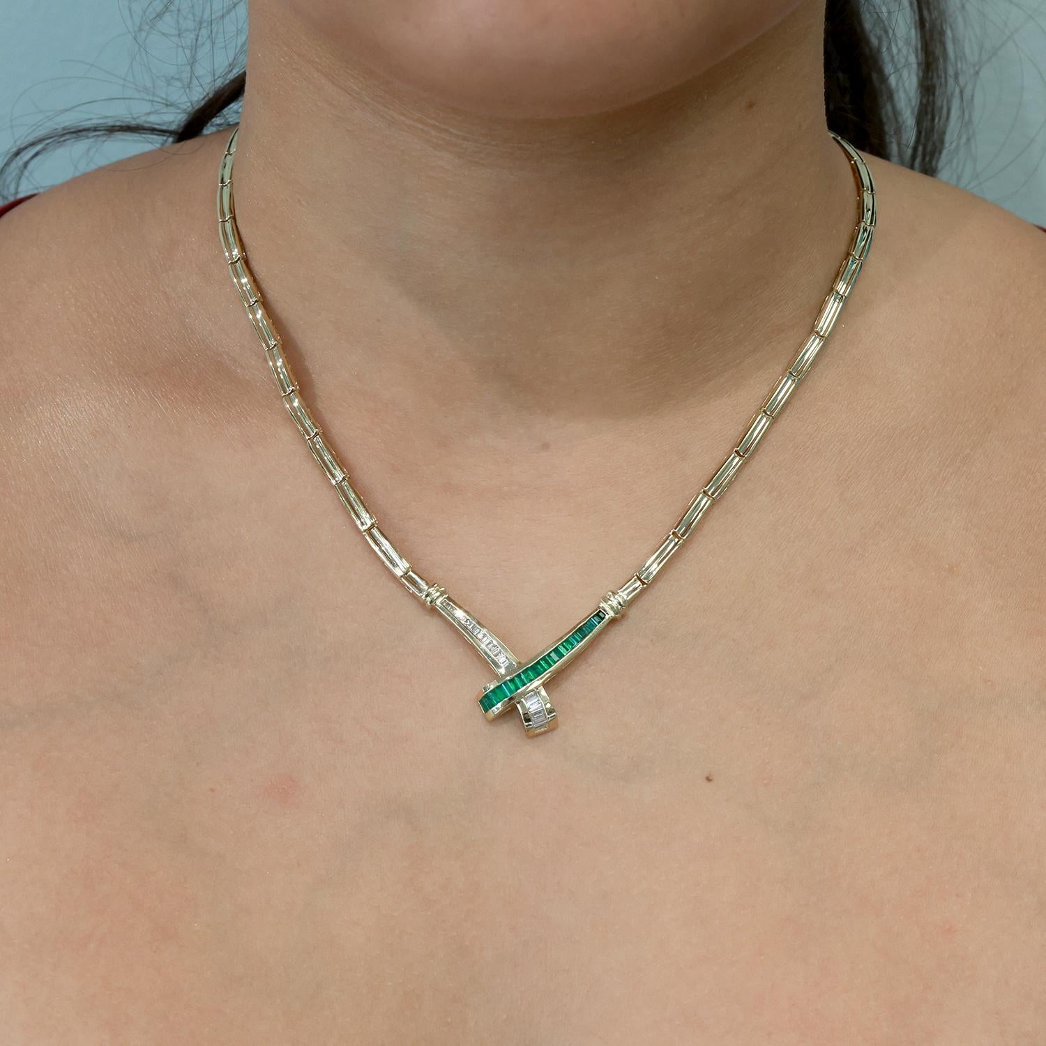 Emerald Diamond Crossover Drop Necklace 14K Yellow Gold 1.31 CTW 17" Ladies