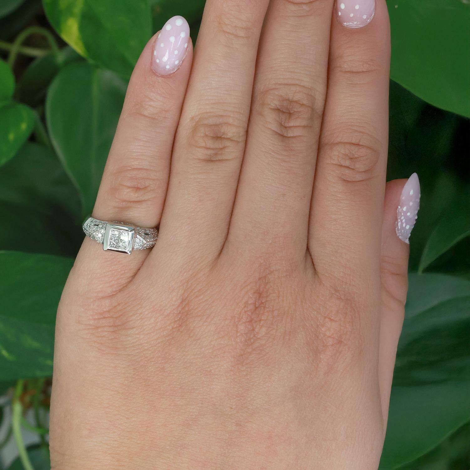 Princess Cut Diamond Ring 18K White Gold Round Diamond Accents 0.40 TW Size 5.25