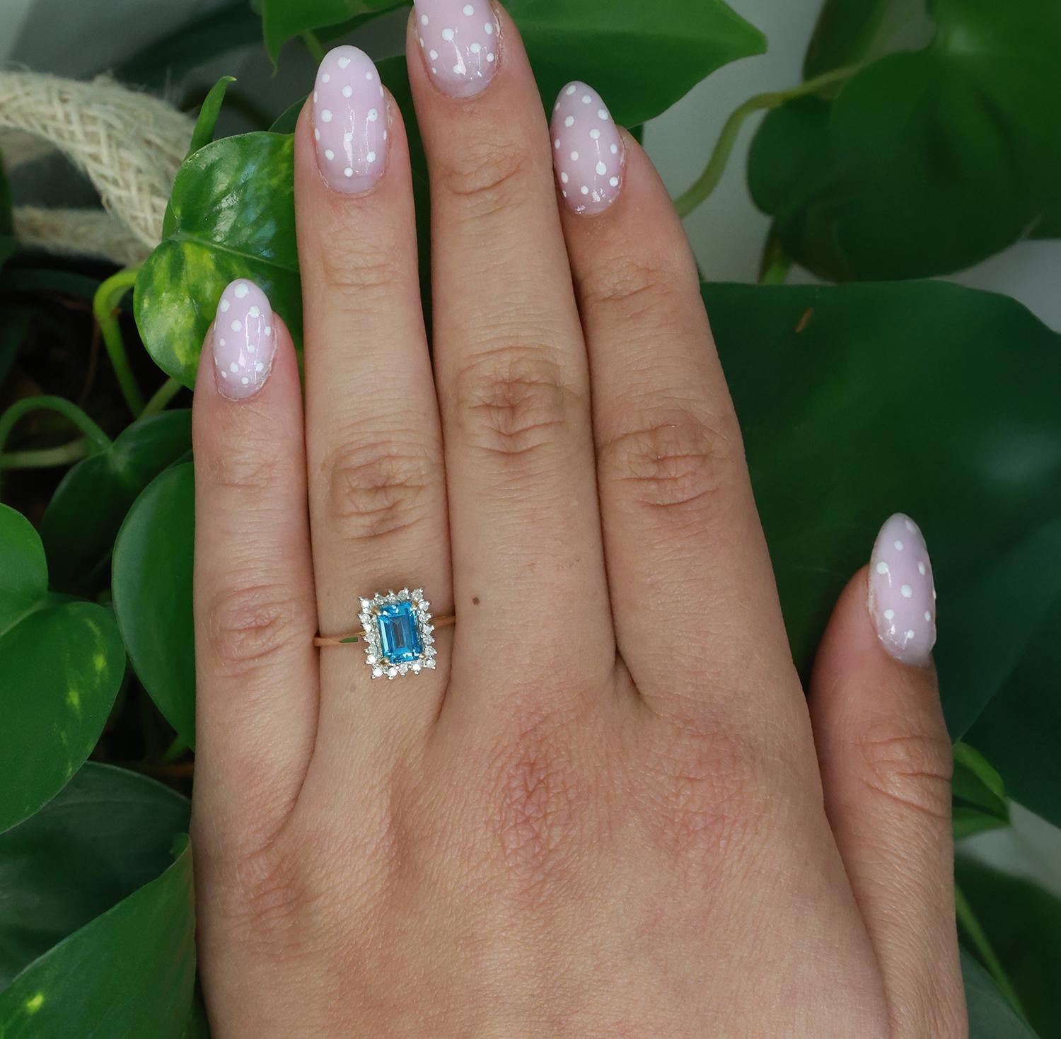 Blue Topaz Halo Diamond Ring 14K Gold 1.45 CTW Size 6.75 Ladies Estate