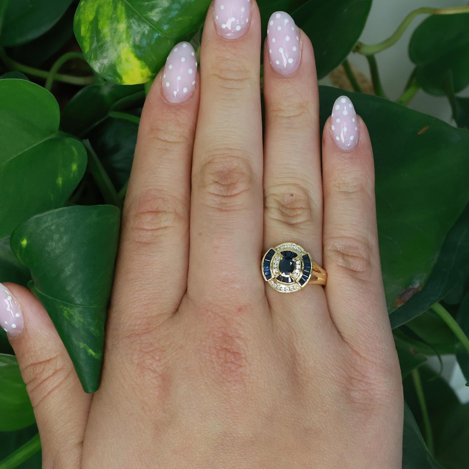 Sapphire Diamond Cocktail Ring 18K Yellow Gold 1.18 CTW Size 7.5 Ladies Estate