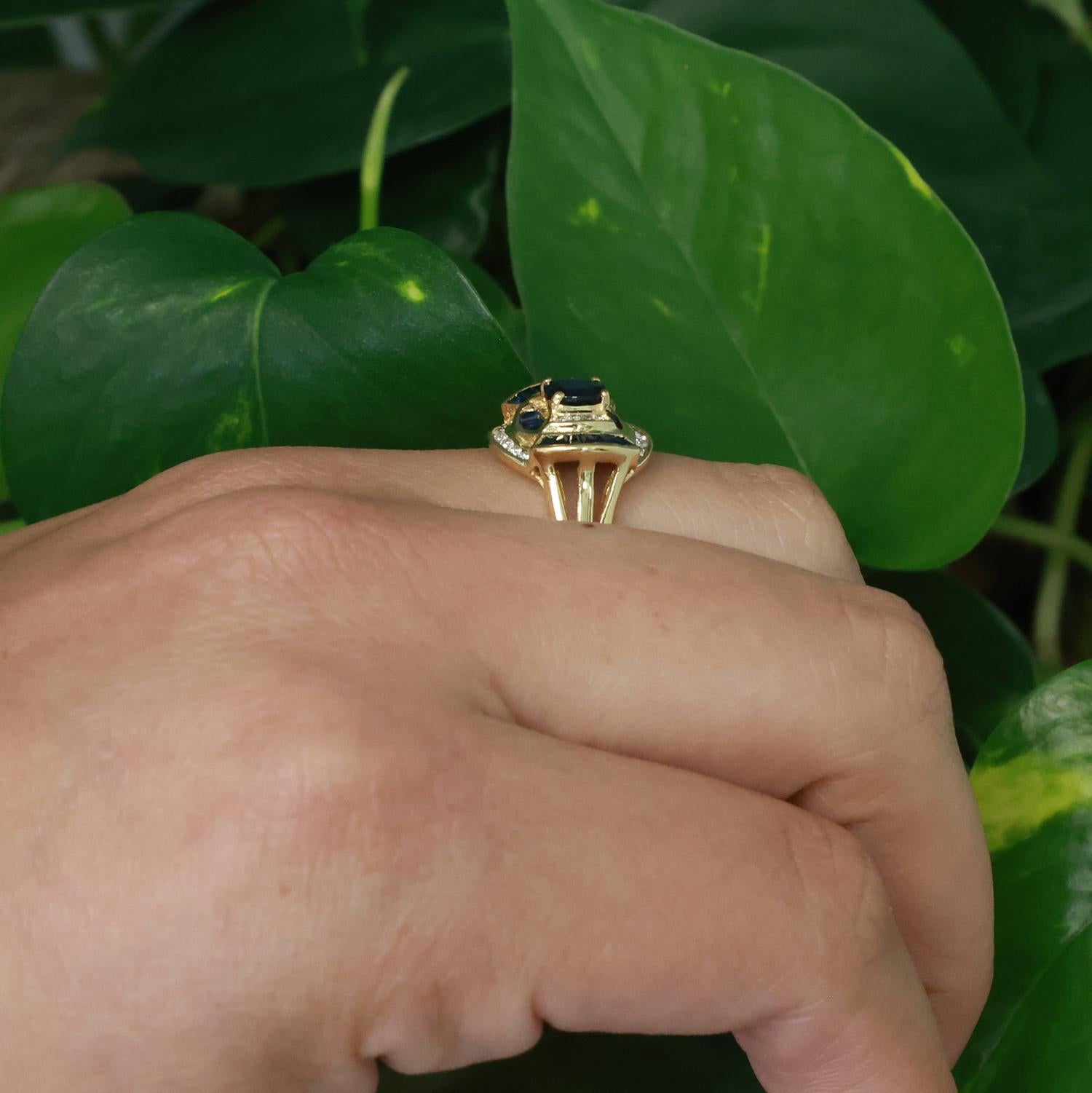 Sapphire Diamond Cocktail Ring 18K Yellow Gold 1.18 CTW Size 7.5 Ladies Estate