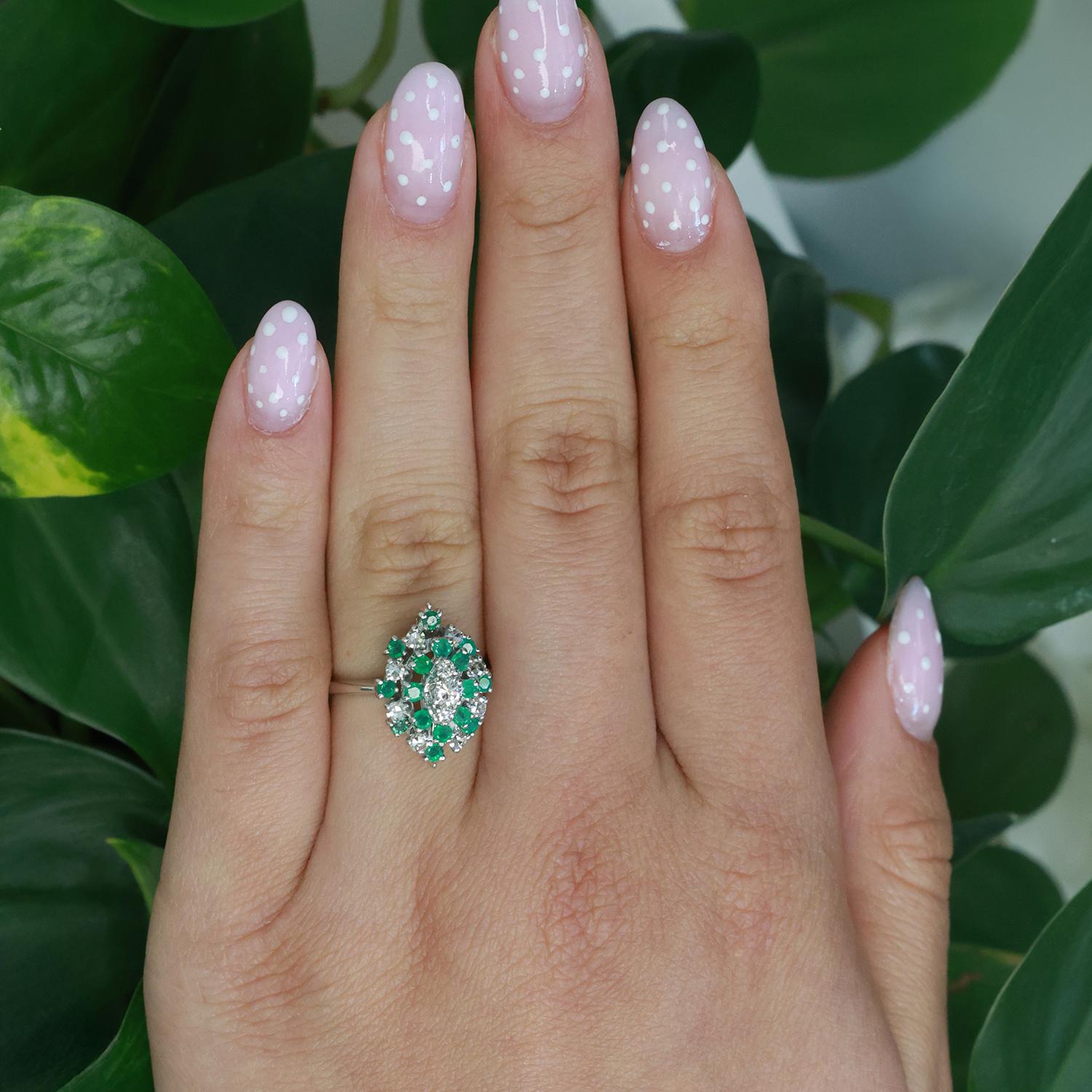 Vintage Emerald Diamond Statement Ring 14K White Gold 1.14 CTW Size 6.5 Estate