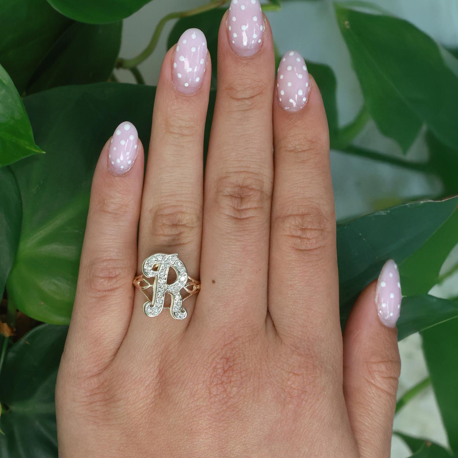 Fancy Letter R Diamond Statement Ring 14K Two-Tone Gold 0.35 TW Size 7.25 Estate