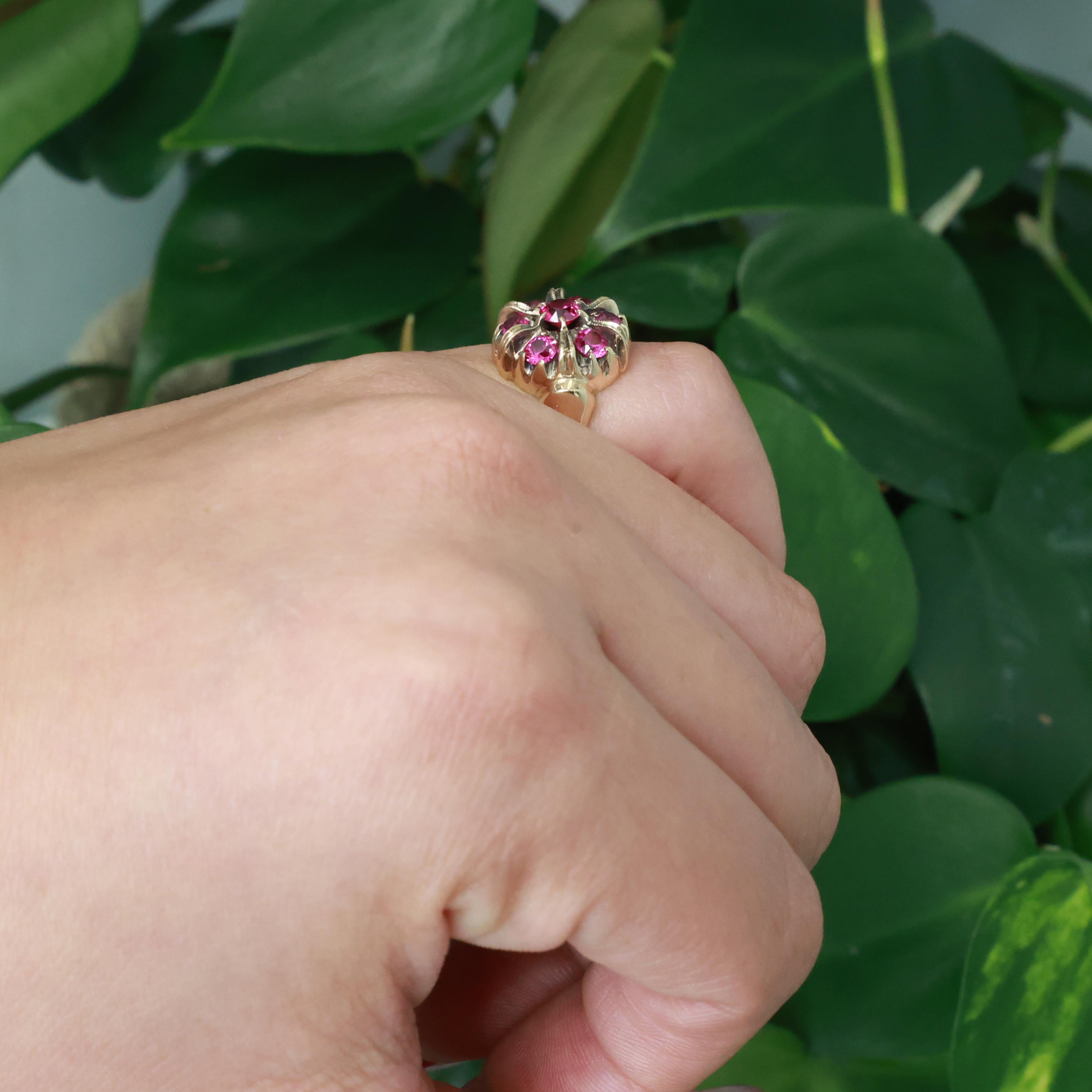 Ruby Floral Cocktail Ring 10K Yellow Gold 1.25 CTW Lab Grown Size 3.75