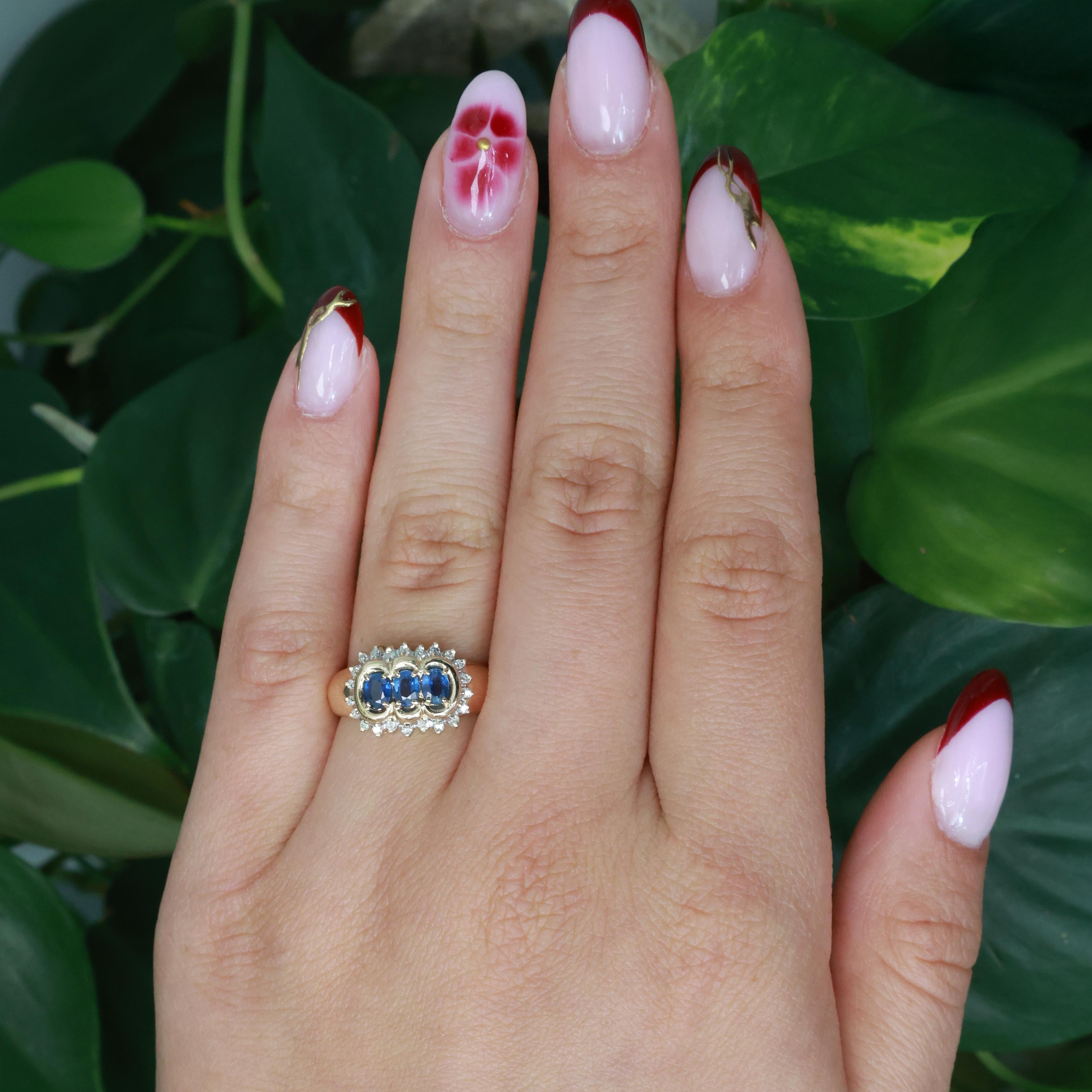 3-Stone Sapphire Diamond Halo Band Ring 14K Yellow Gold 0.85 CTW Size 7.25